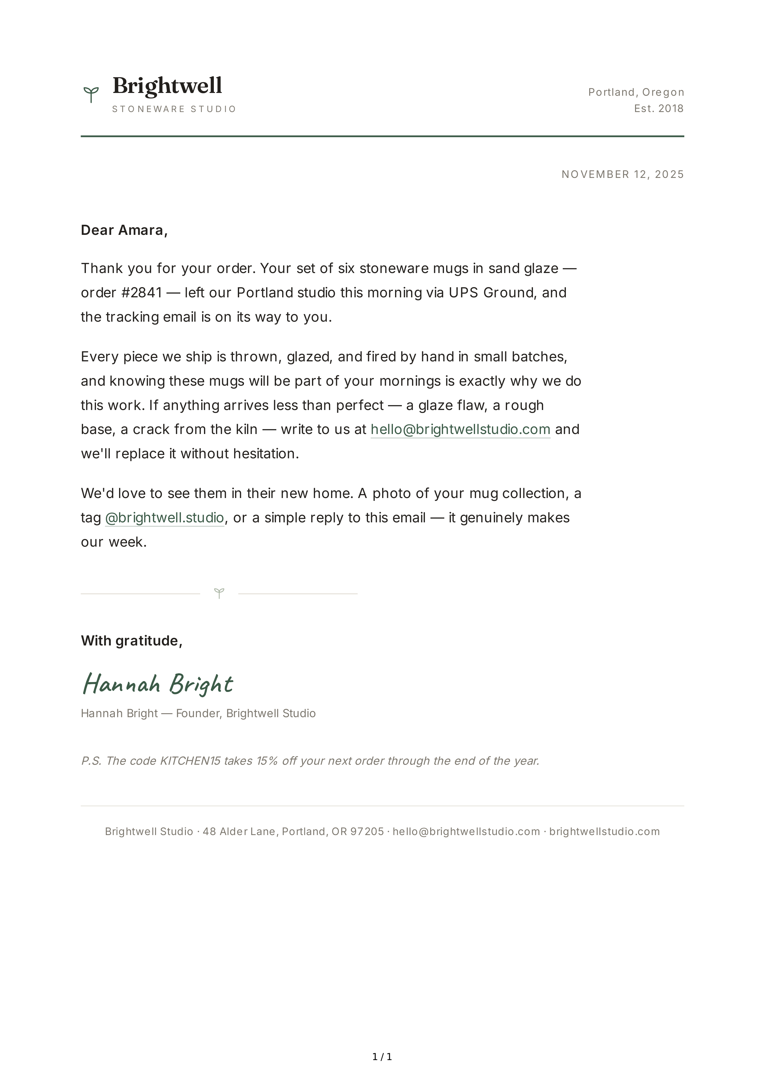 Thank You Note to a Customer — page 1