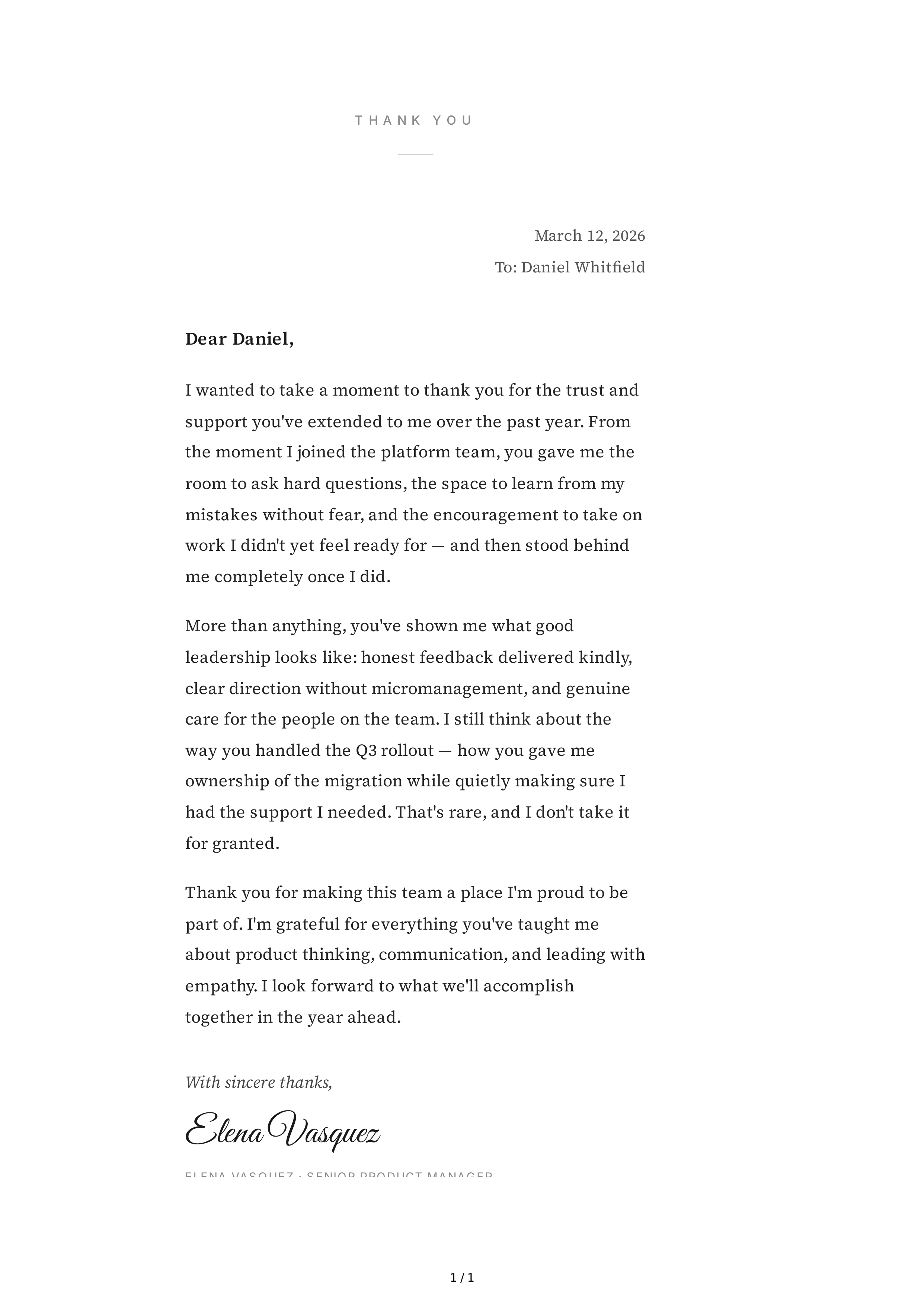 Thank You Note to a Manager — page 1