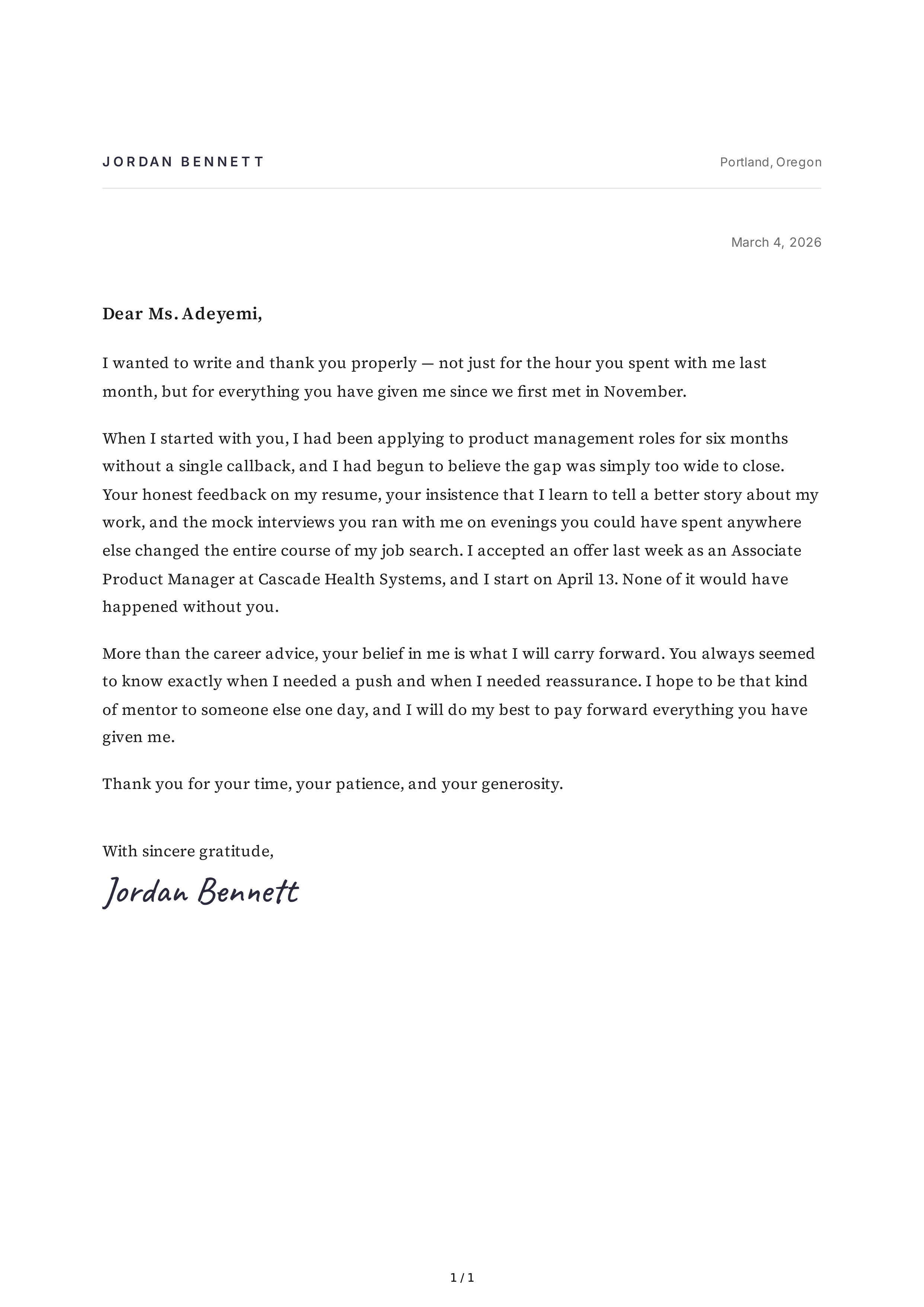 Thank You Note to a Mentor — page 1