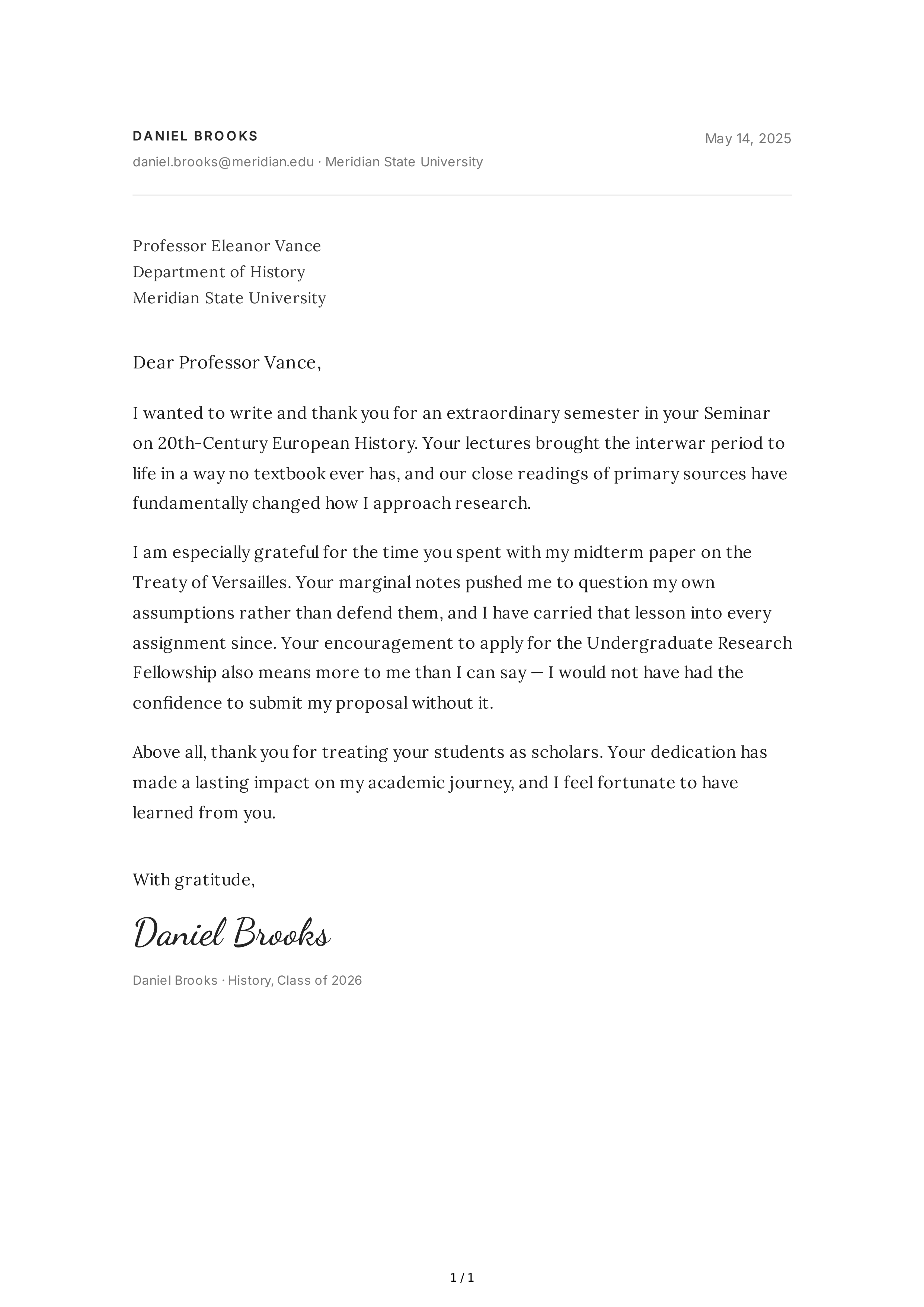 Thank You Note to a Professor — page 1