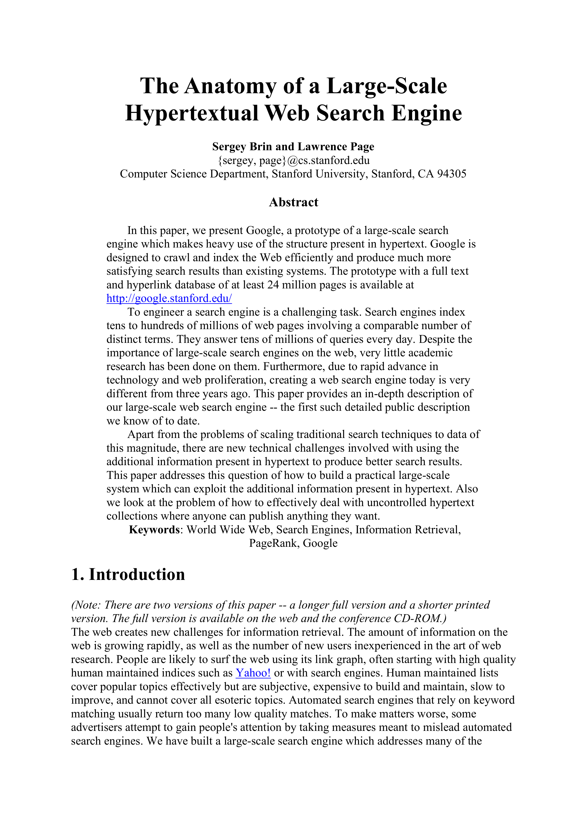 Large-Scale Hypertextual Web Search Engine Research Paper by Stanford University — page 1