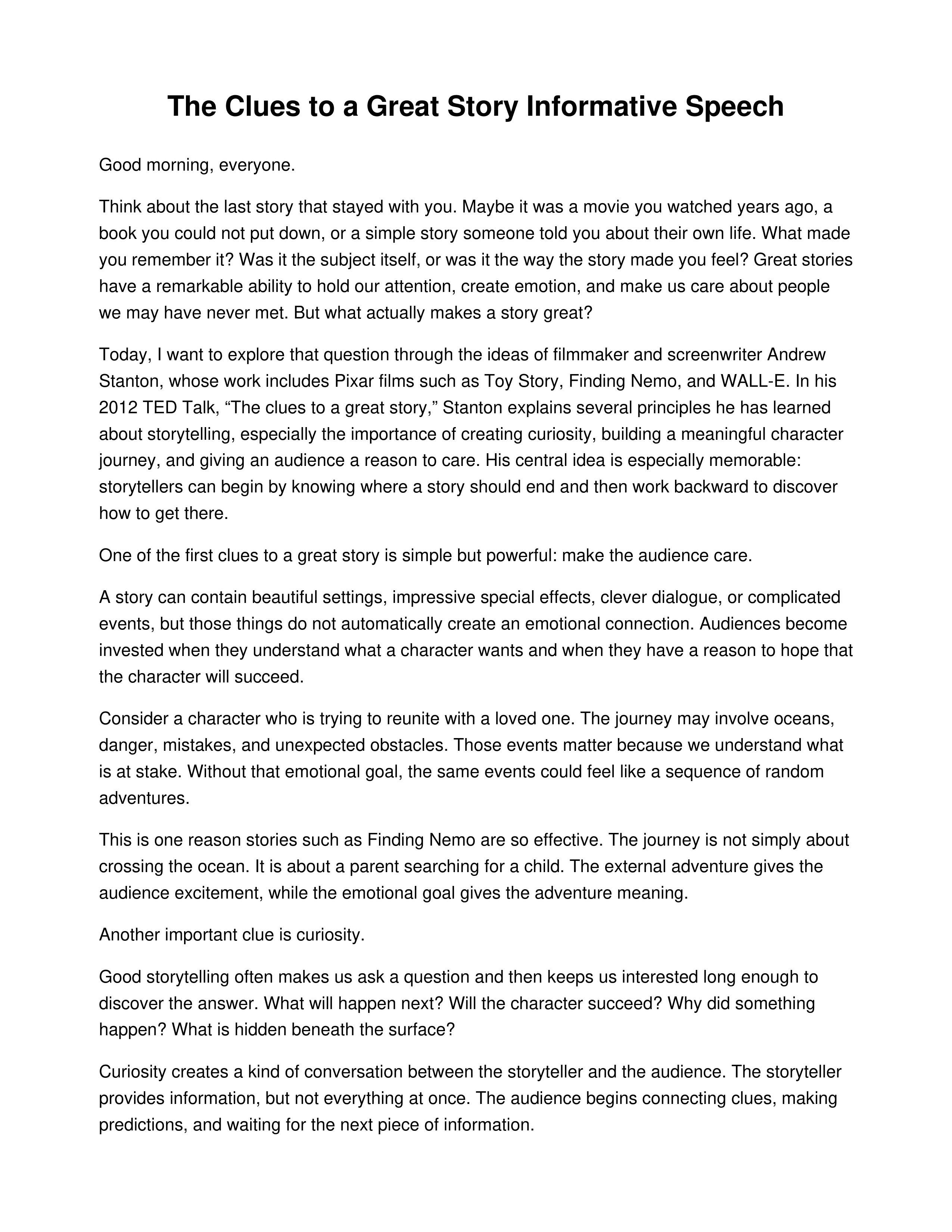 The Clues to a Great Story Informative Speech — page 1