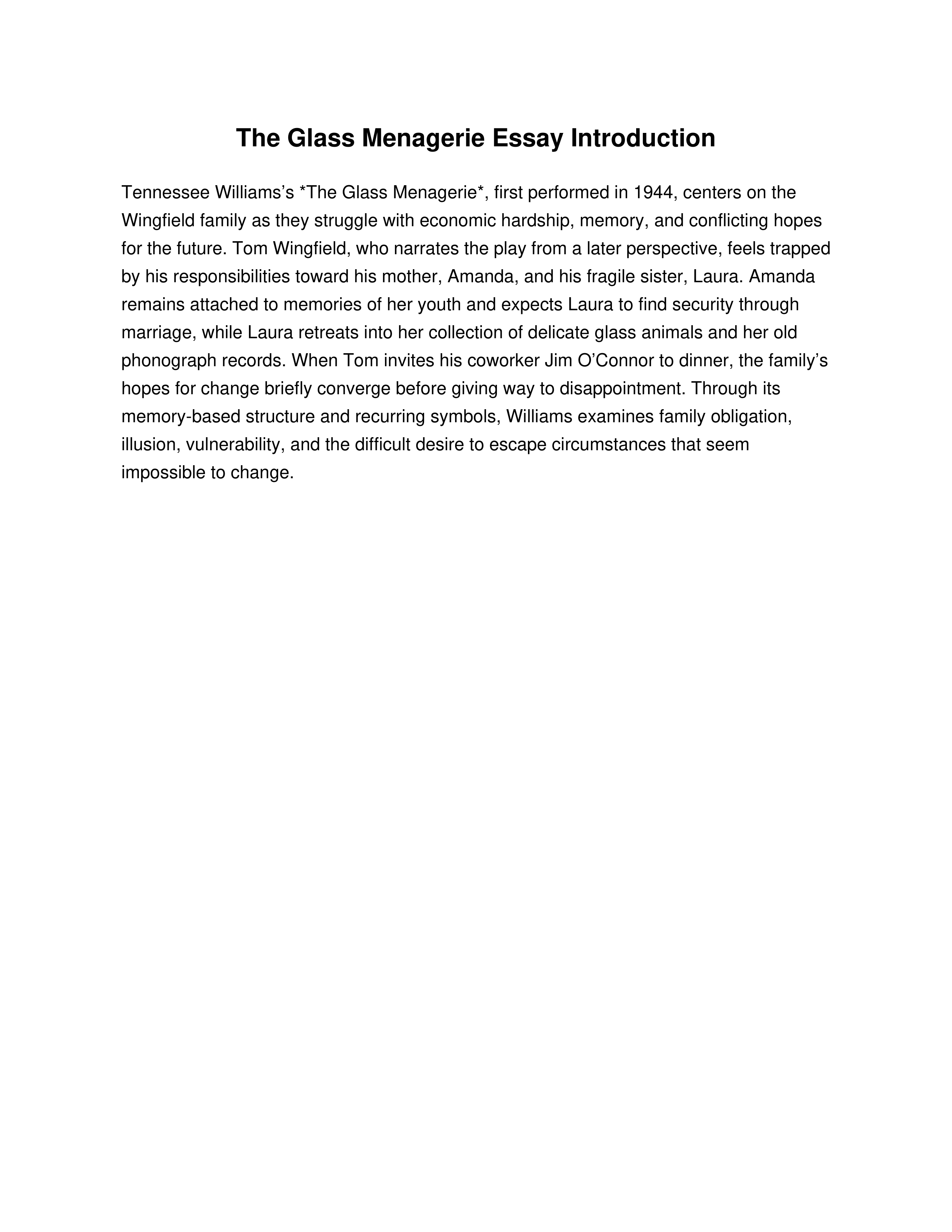 The Glass Menagerie Essay Introduction — page 1
