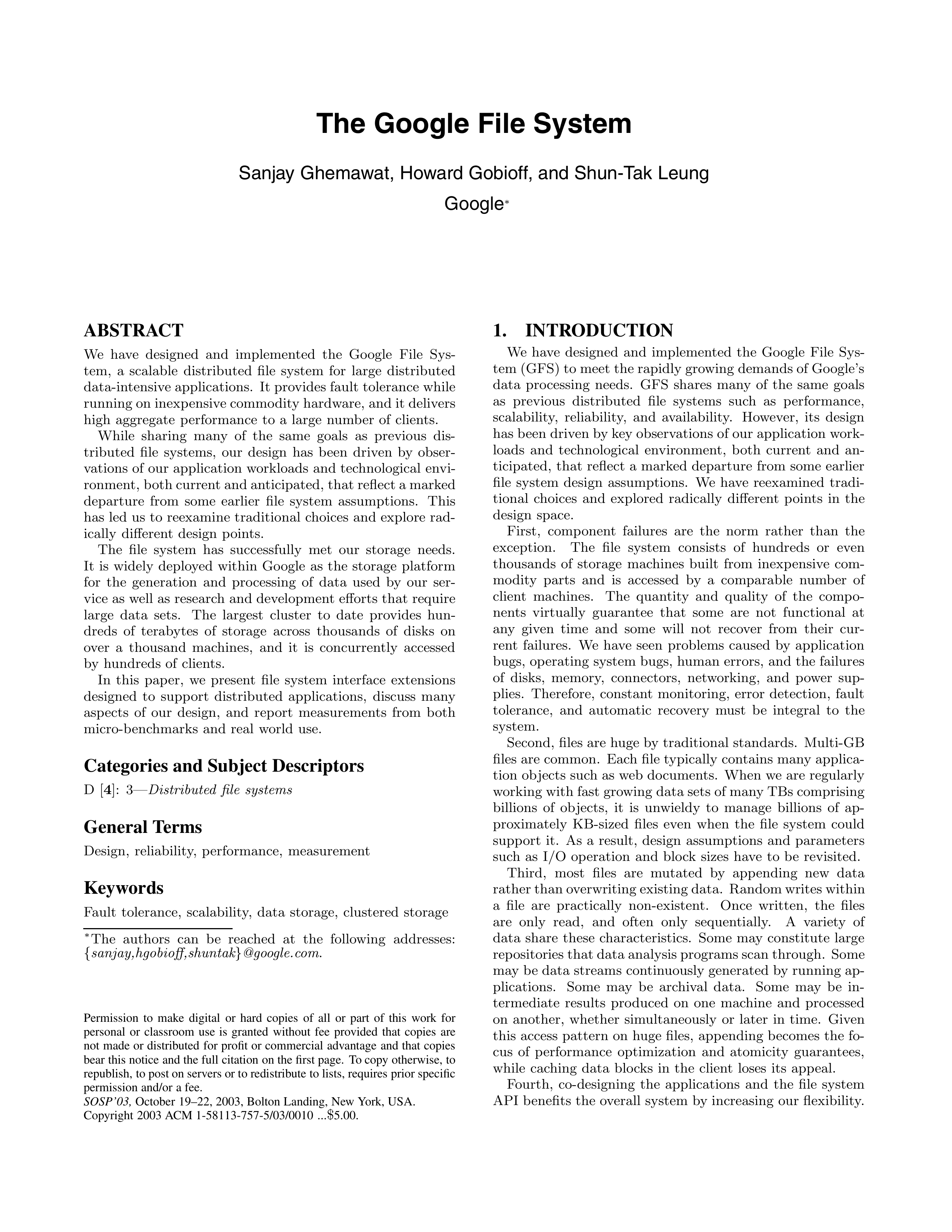 The Google File System Research Paper by Google — page 1