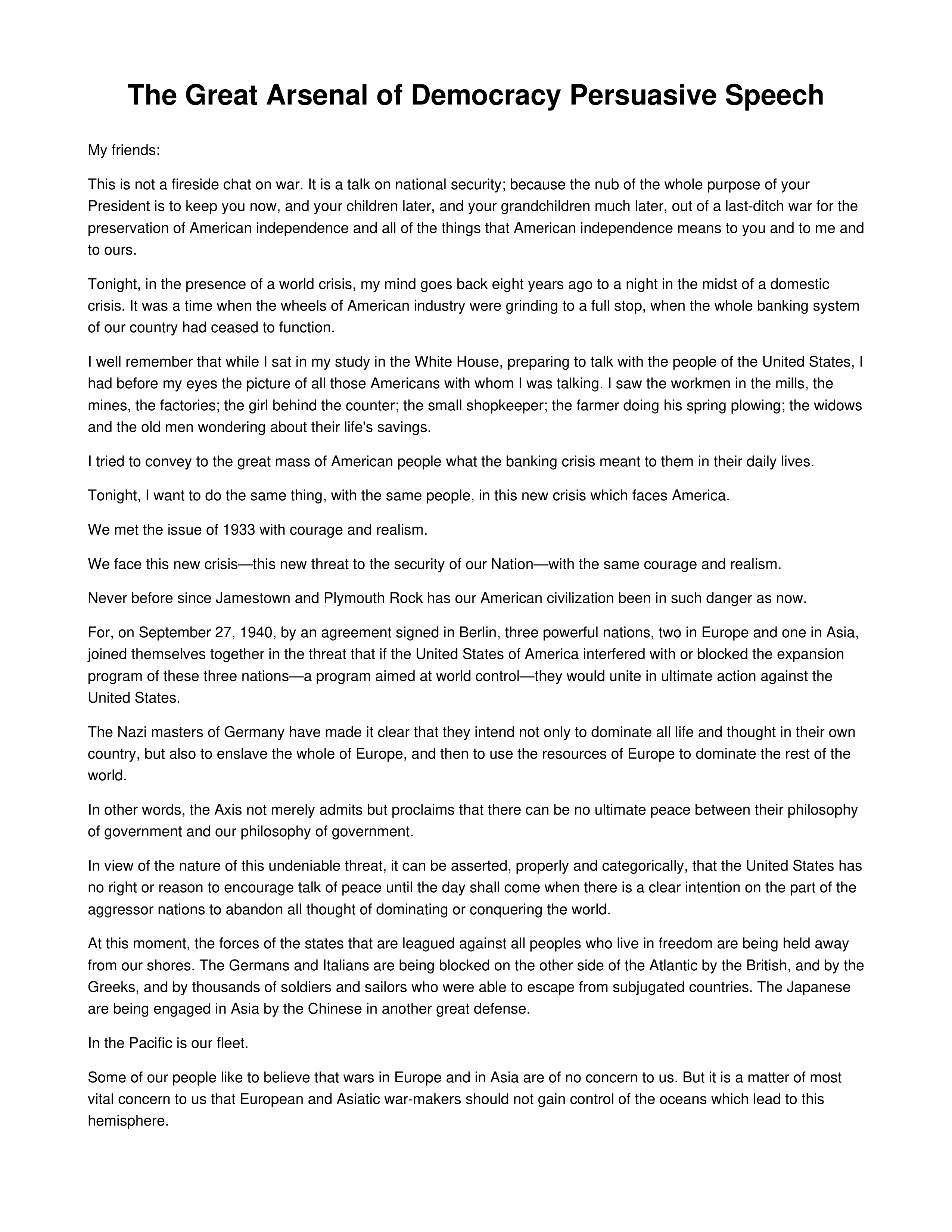The Great Arsenal of Democracy Persuasive Speech — page 1