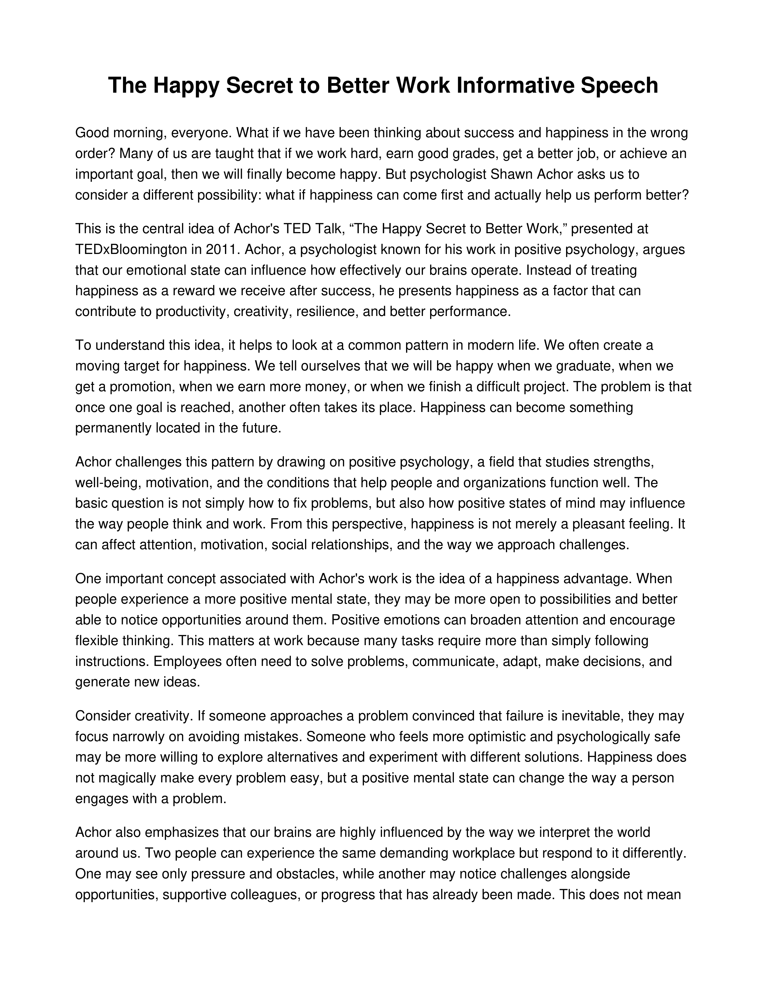 The Happy Secret to Better Work Informative Speech — page 1