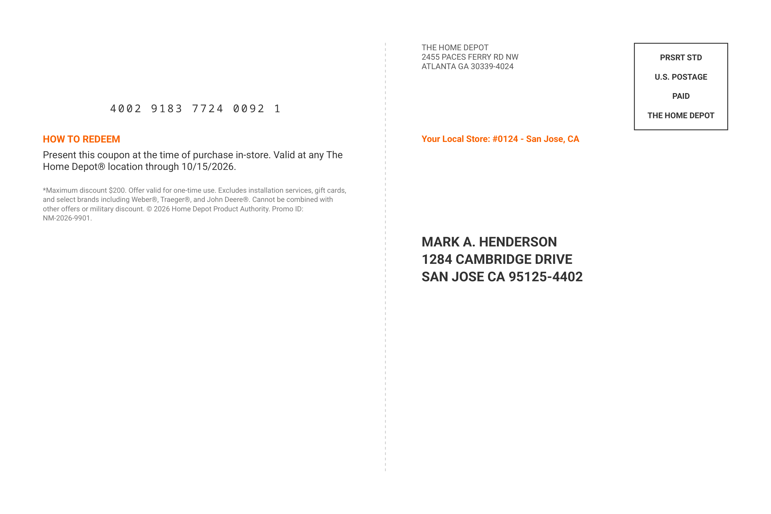 The Home Depot New Mover 10% Off Welcome Postcard — page 2