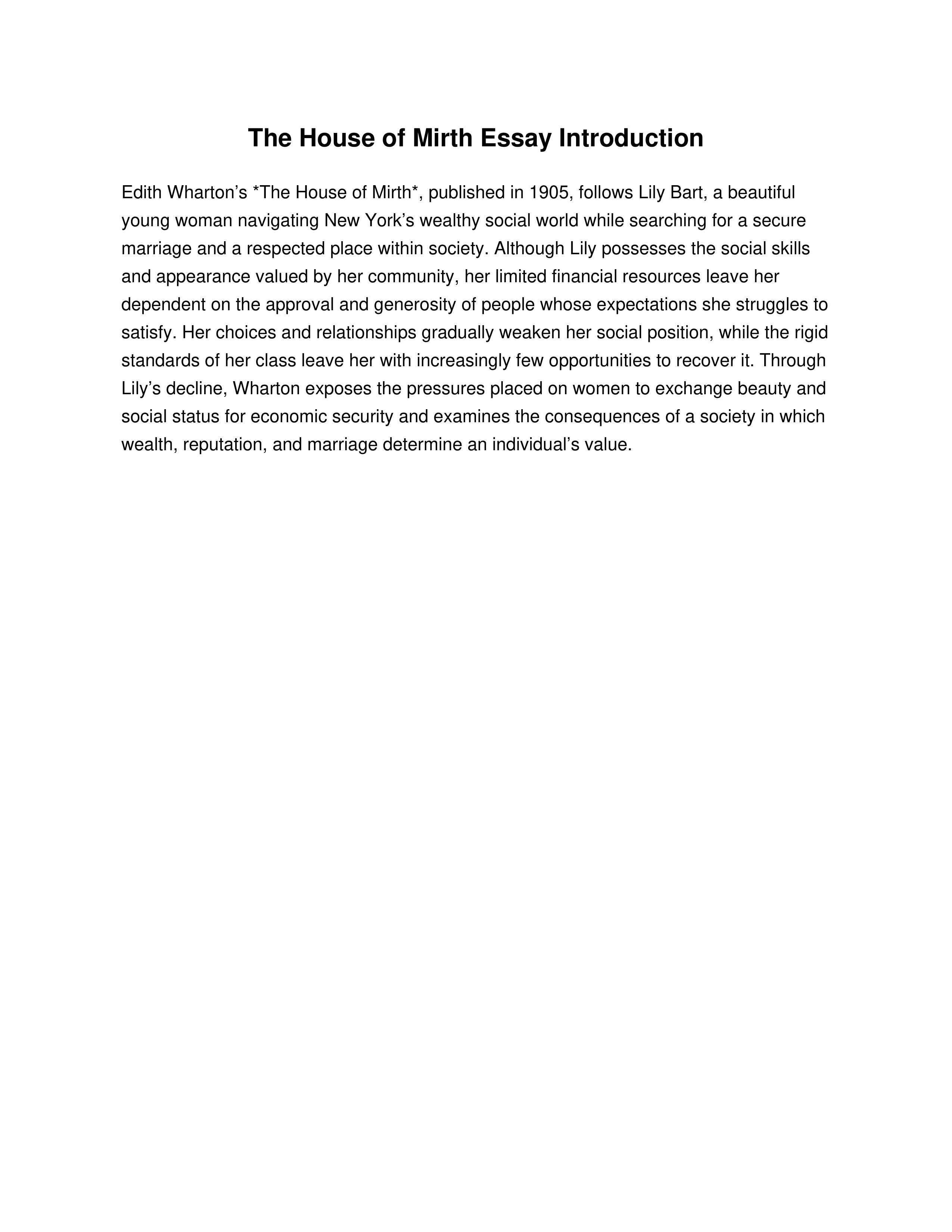 The House of Mirth Essay Introduction — page 1