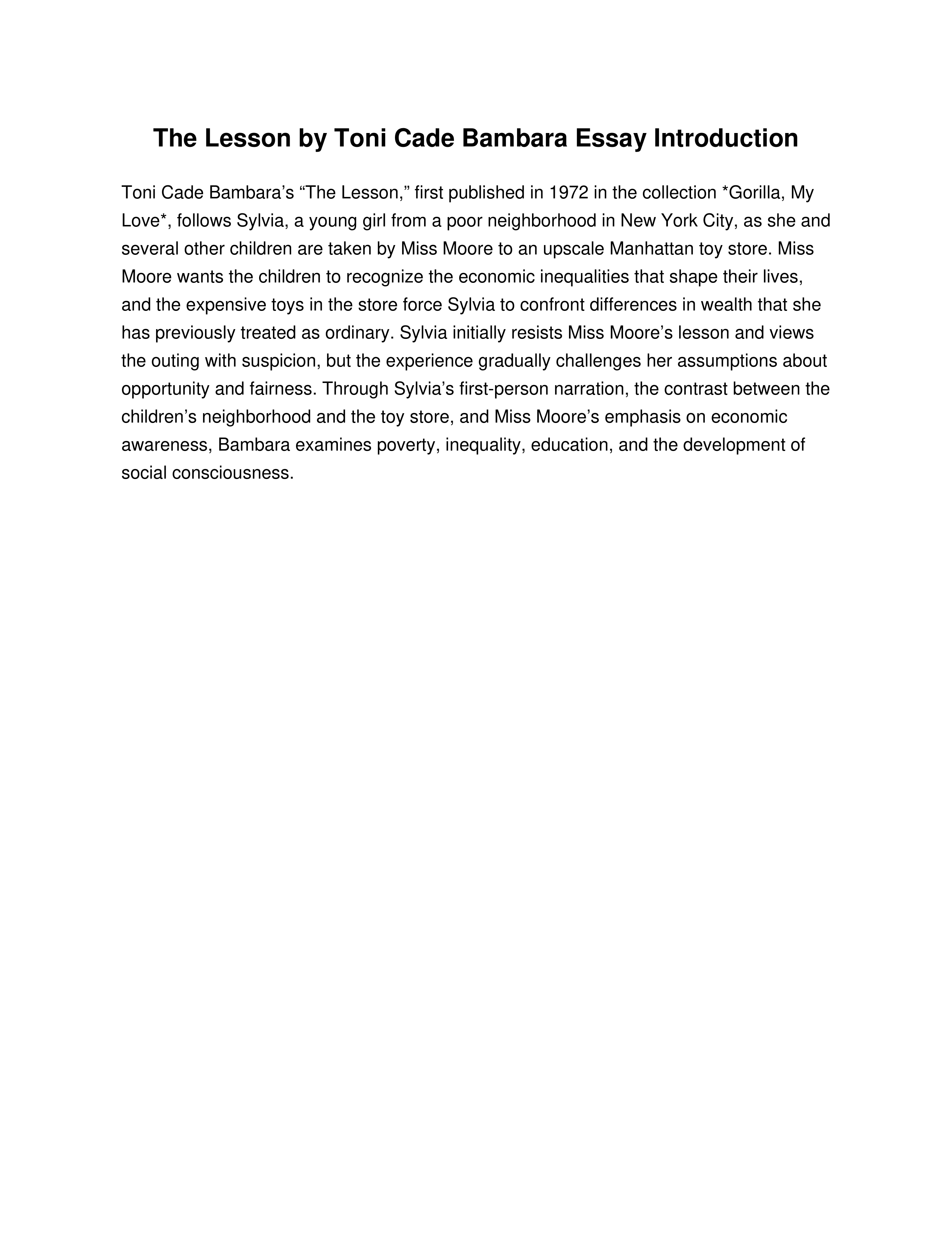 The Lesson by Toni Cade Bambara Essay Introduction — page 1