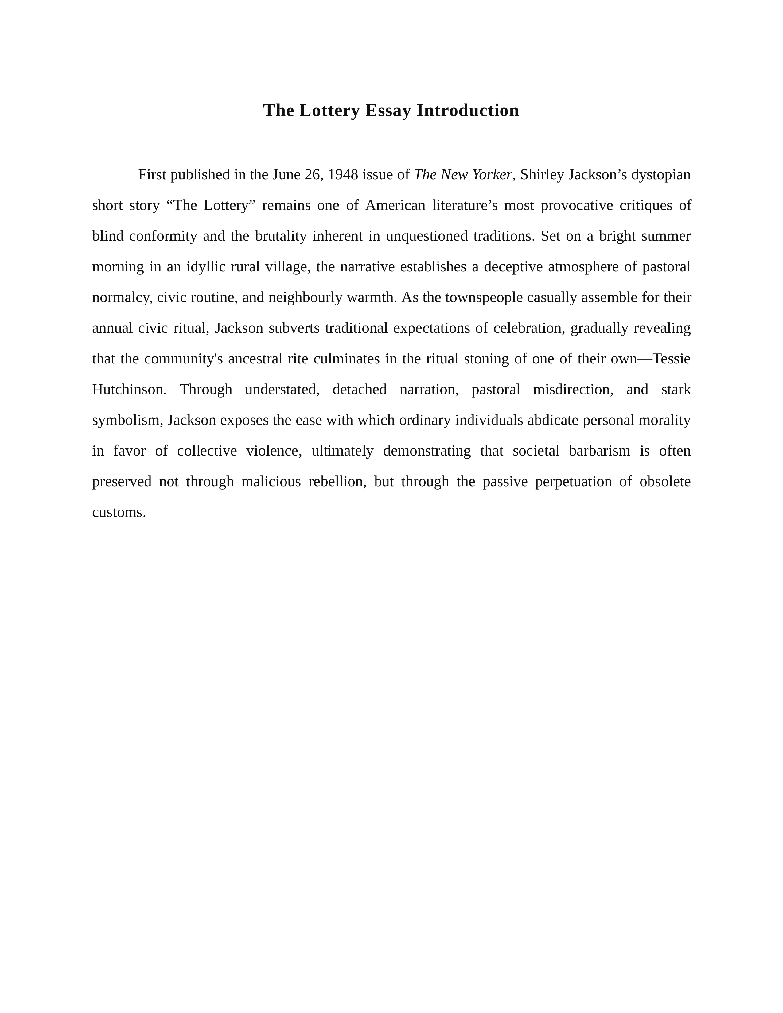 The Lottery Essay Introduction — page 1