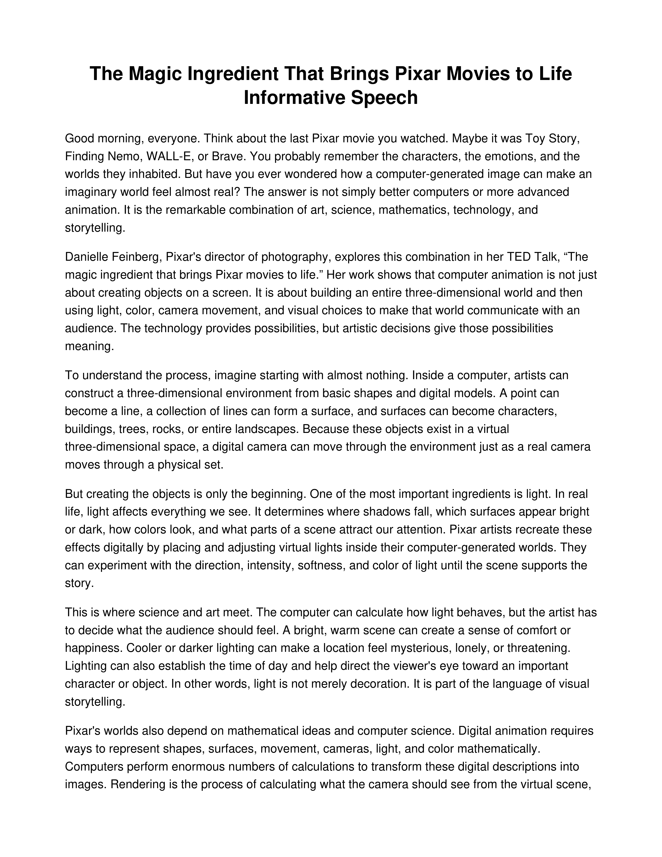 The Magic Ingredient That Brings Pixar Movies to Life Informative Speech — page 1
