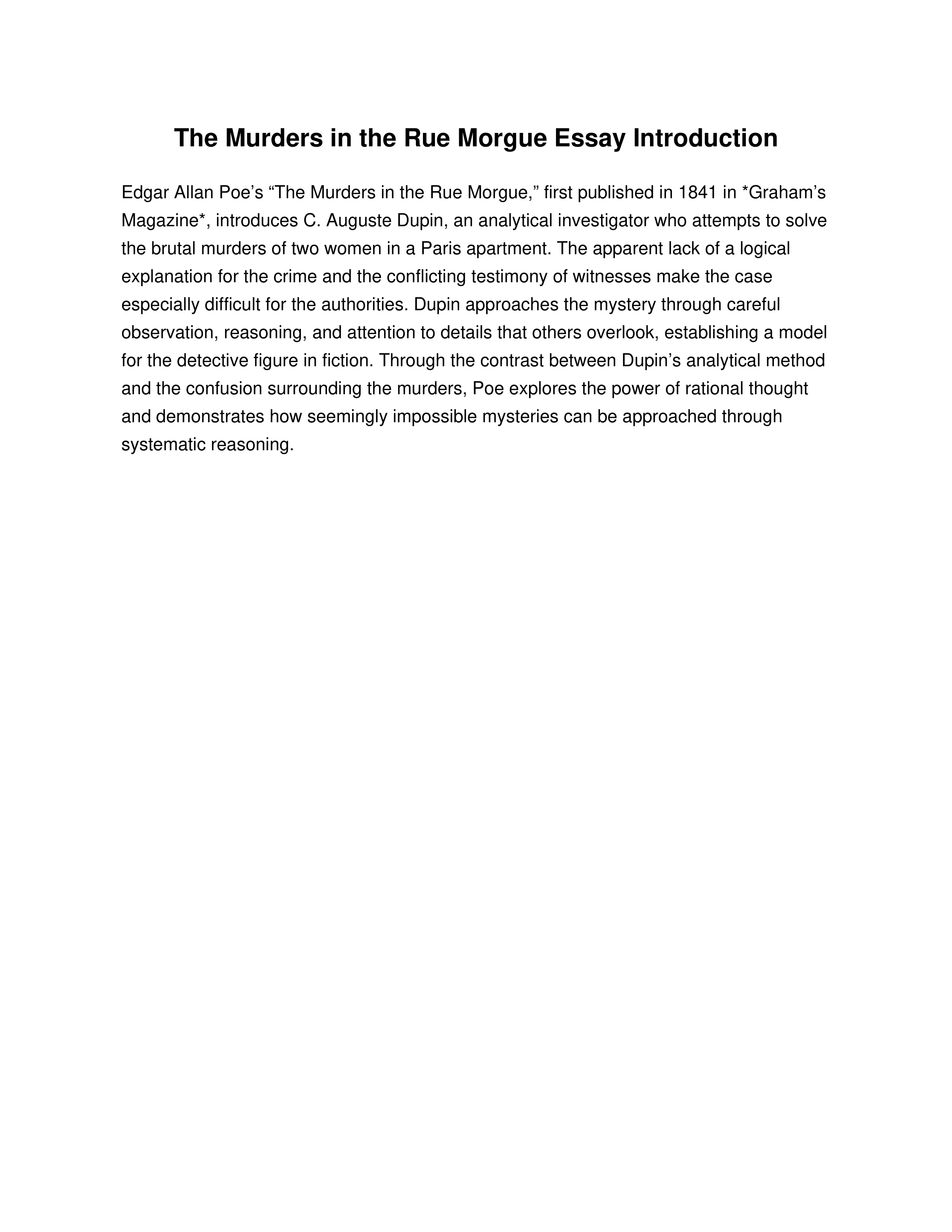 The Murders in the Rue Morgue Essay Introduction — page 1