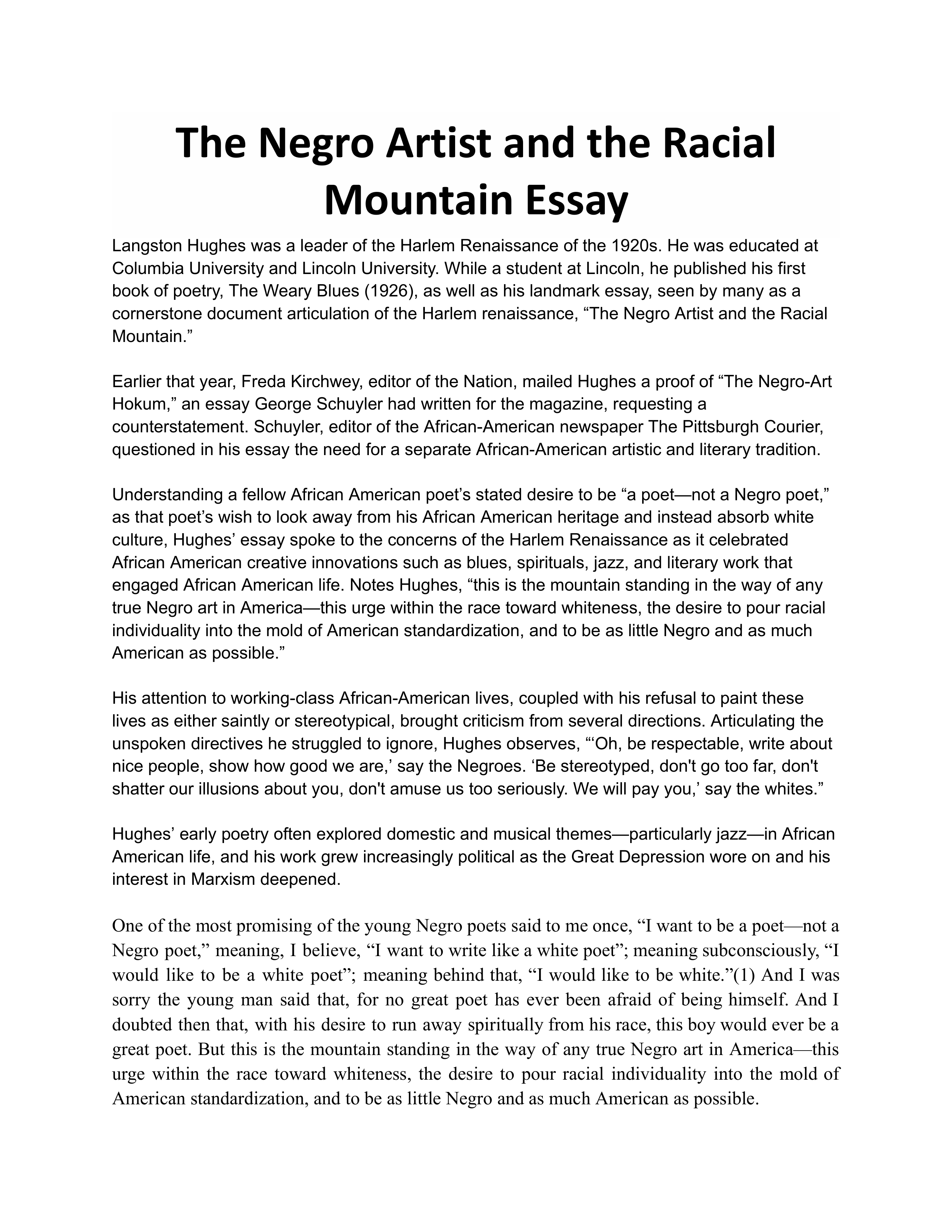 The Negro Artist and the Racial Mountain Essay — page 1