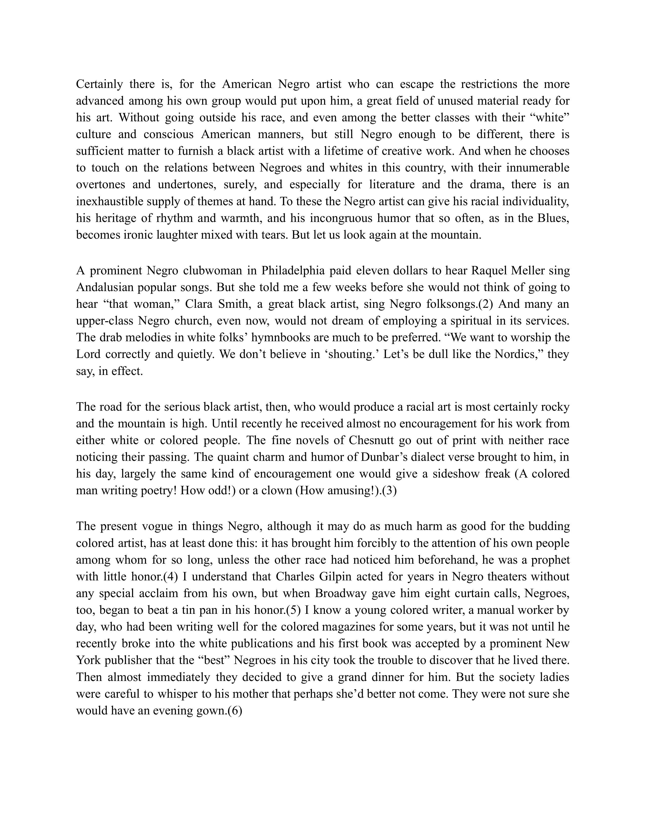 The Negro Artist and the Racial Mountain Essay — page 3