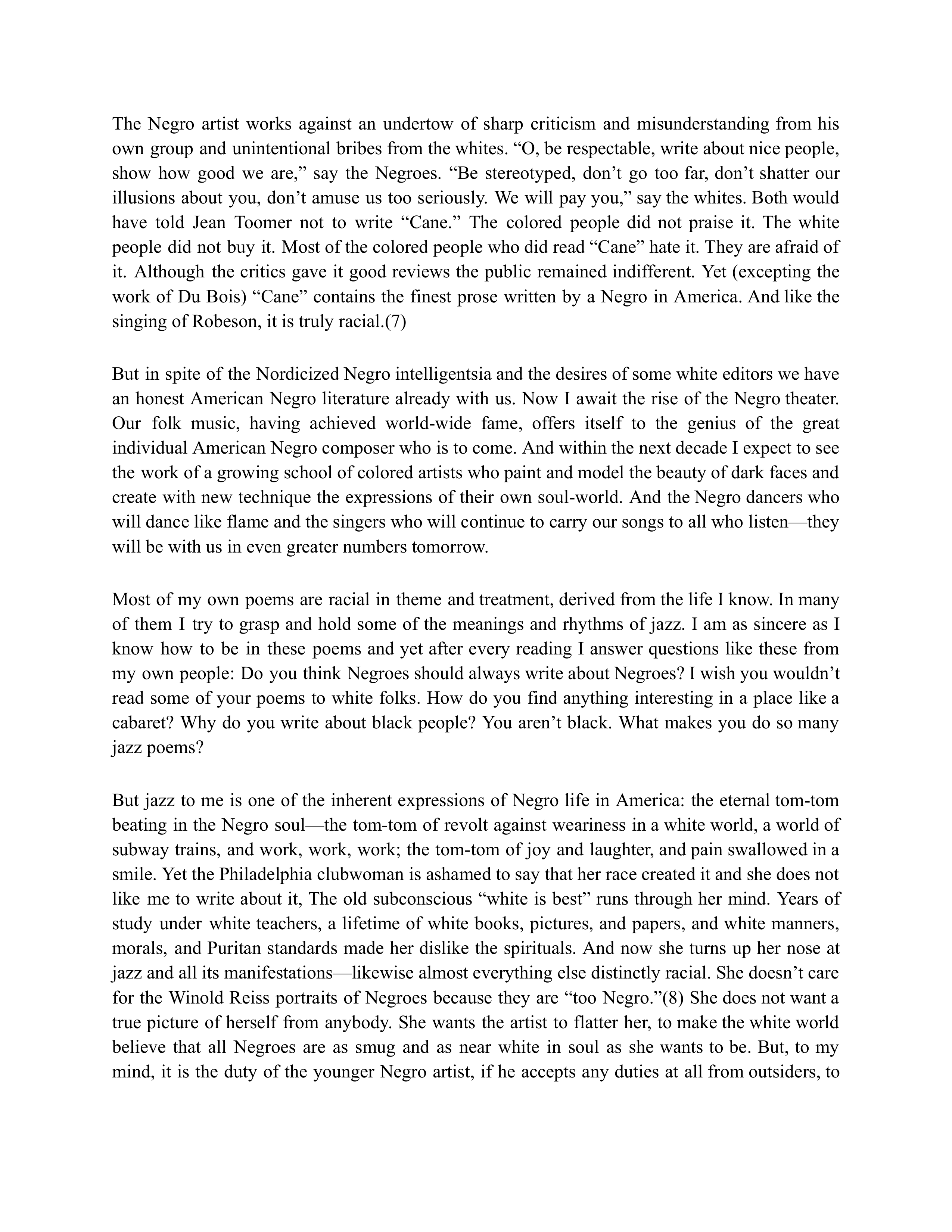 The Negro Artist and the Racial Mountain Essay — page 4