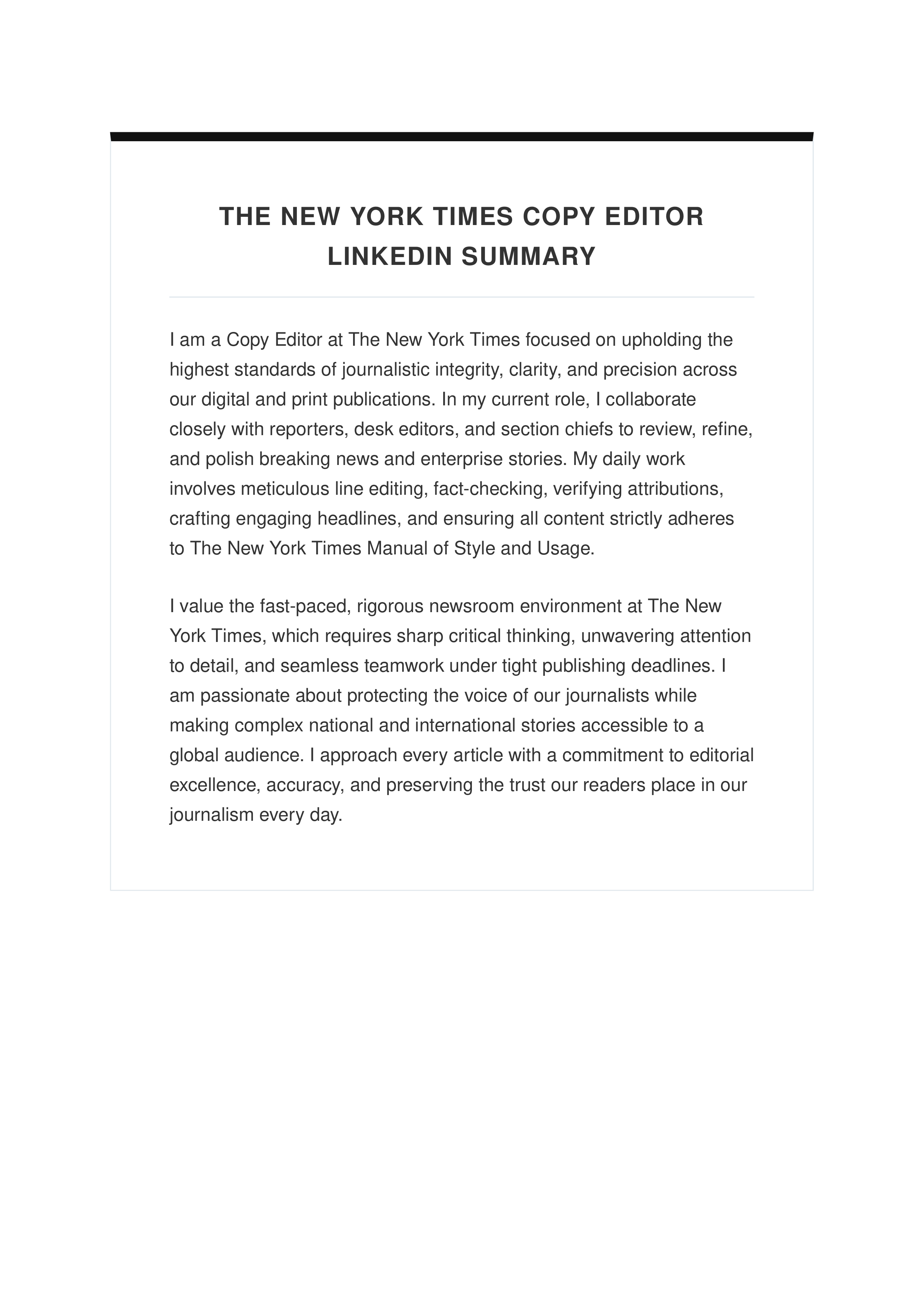 The New York Times Copy Editor LinkedIn Summary — page 1