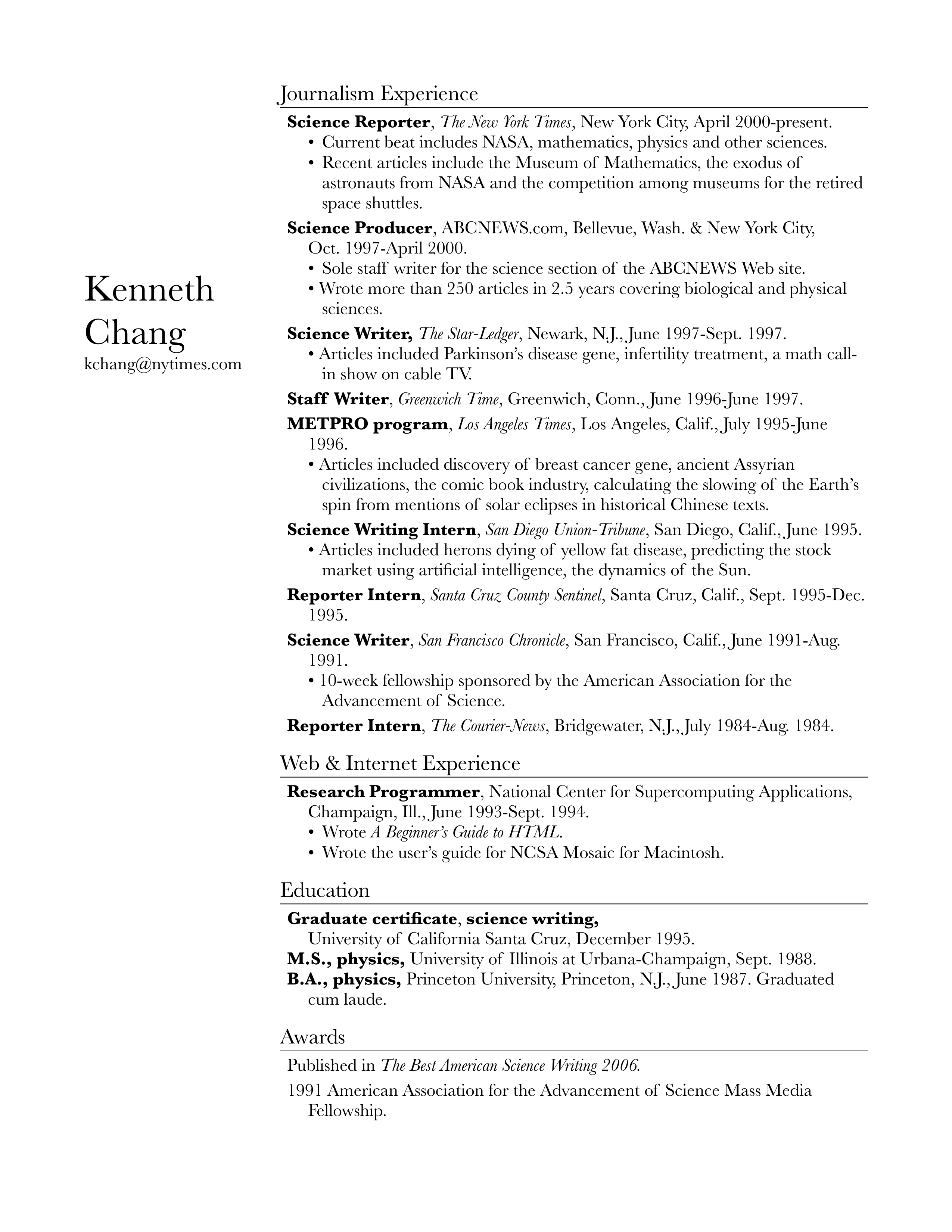 The New York Times Journalist Resume — page 1