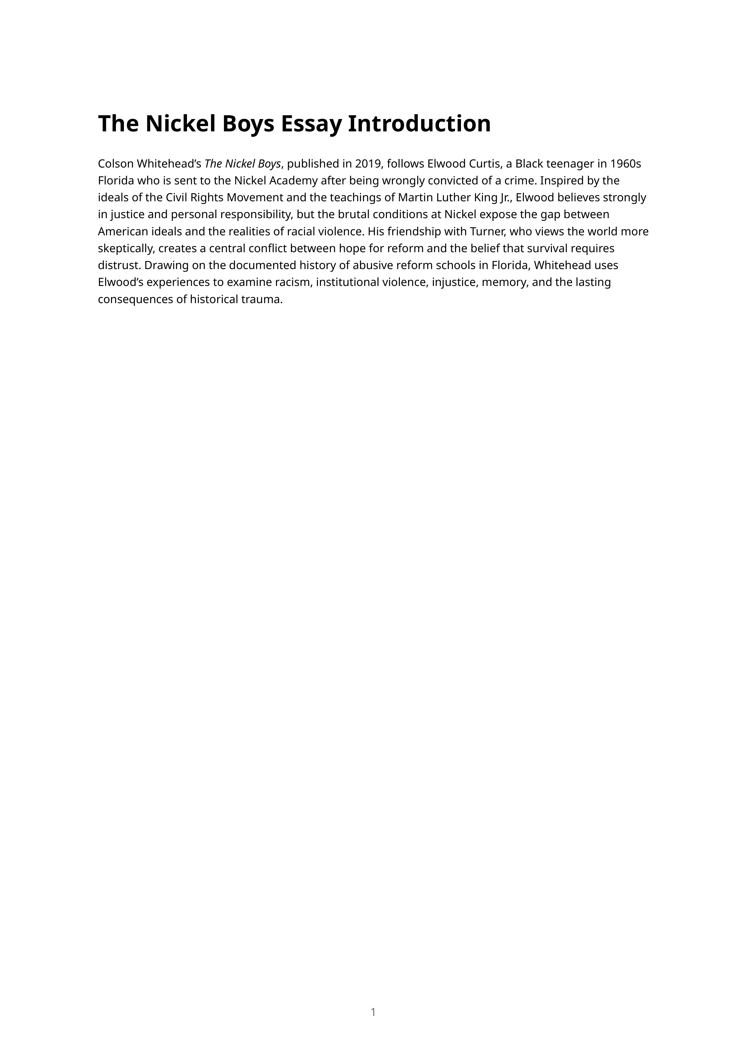 The Nickel Boys Essay Introduction — page 1