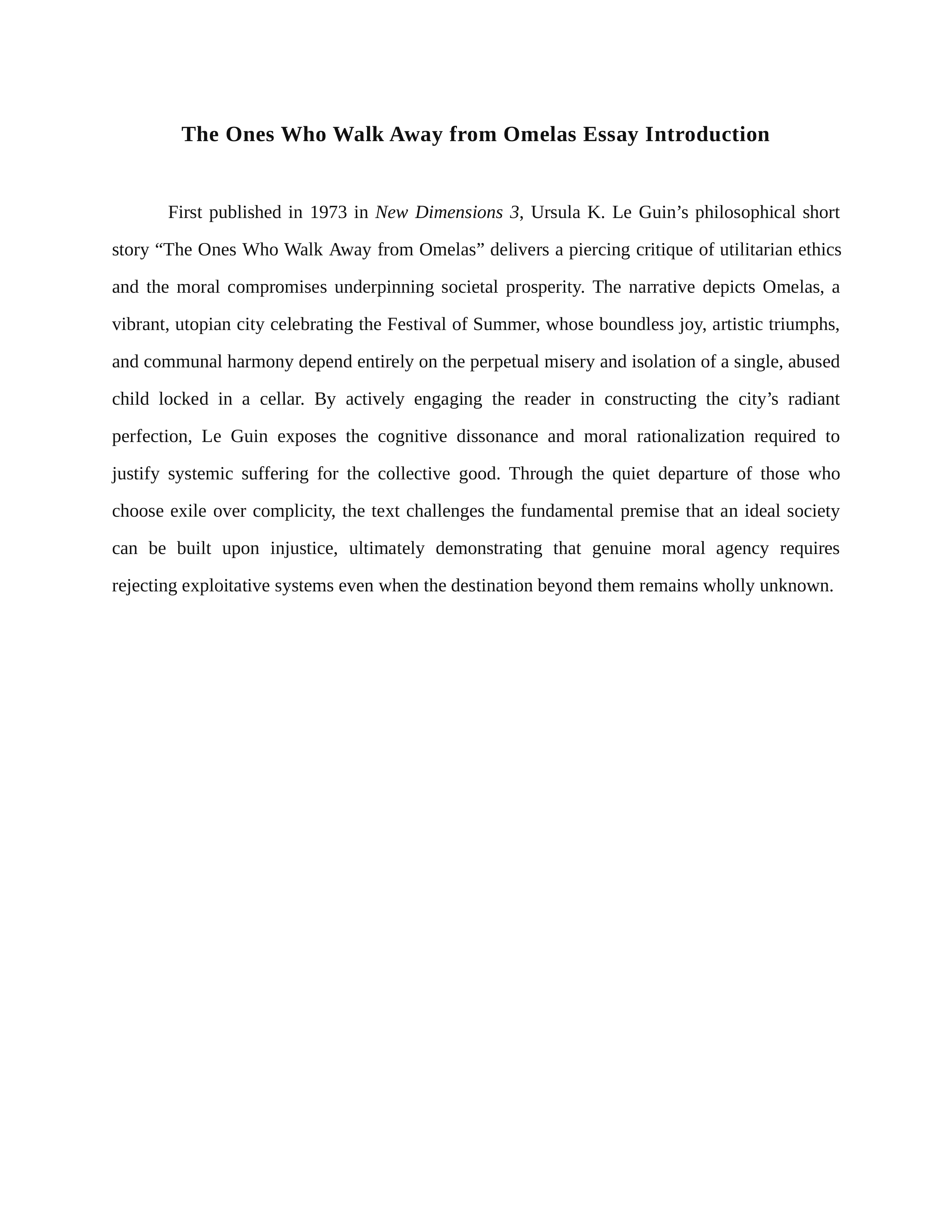 The Ones Who Walk Away from Omelas Essay Introduction — page 1