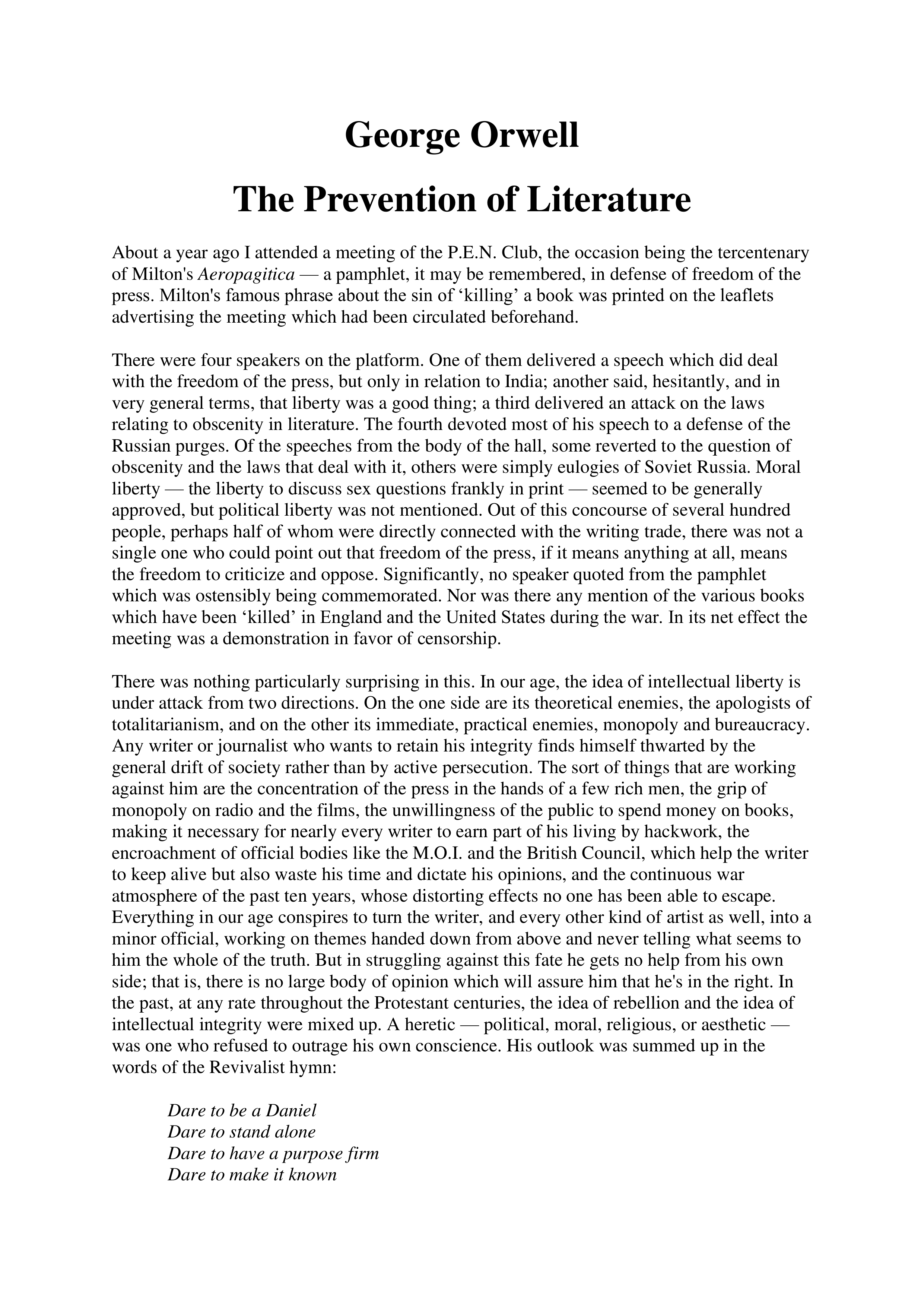 The Prevention of Literature Essay — page 1