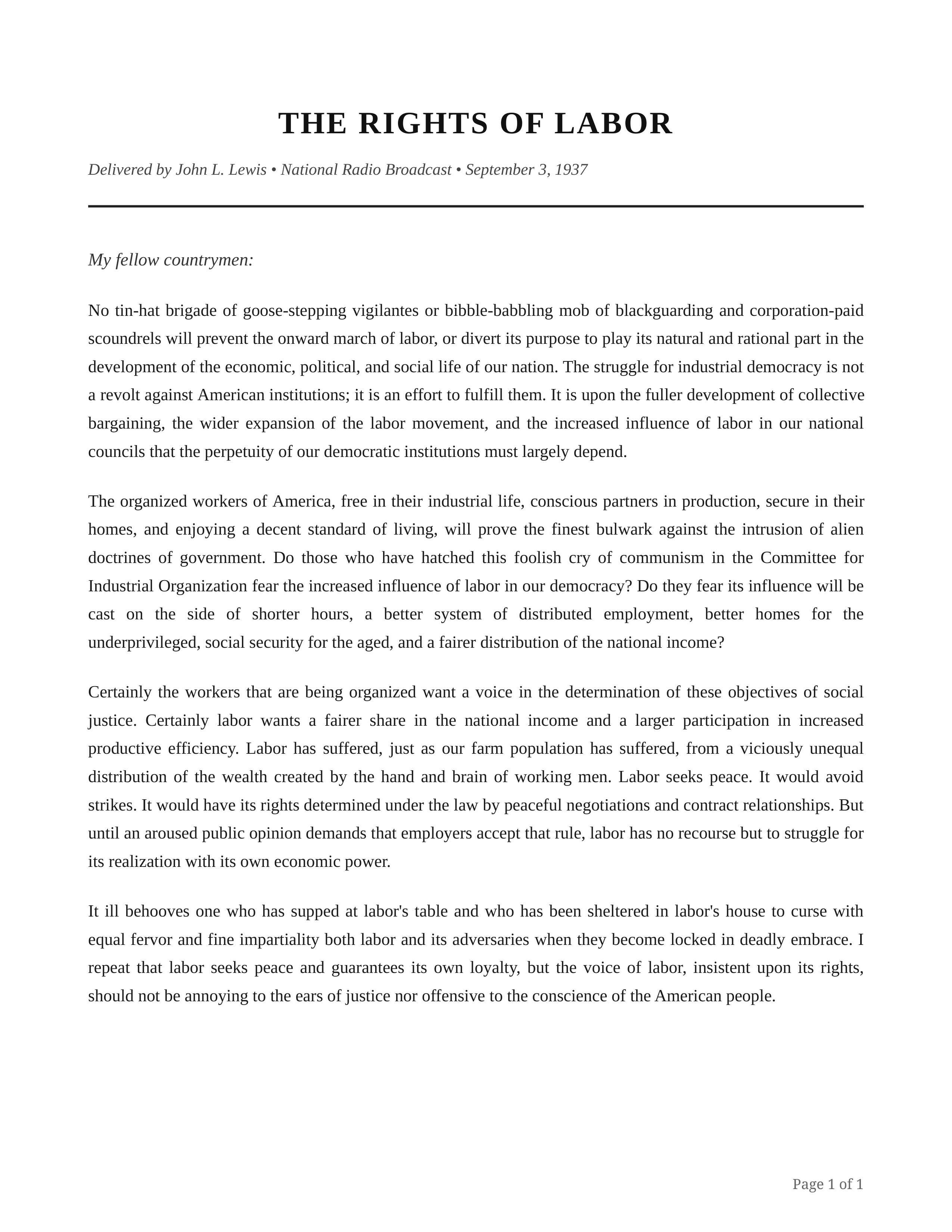 The Rights of Labor Persuasive Speech — page 1