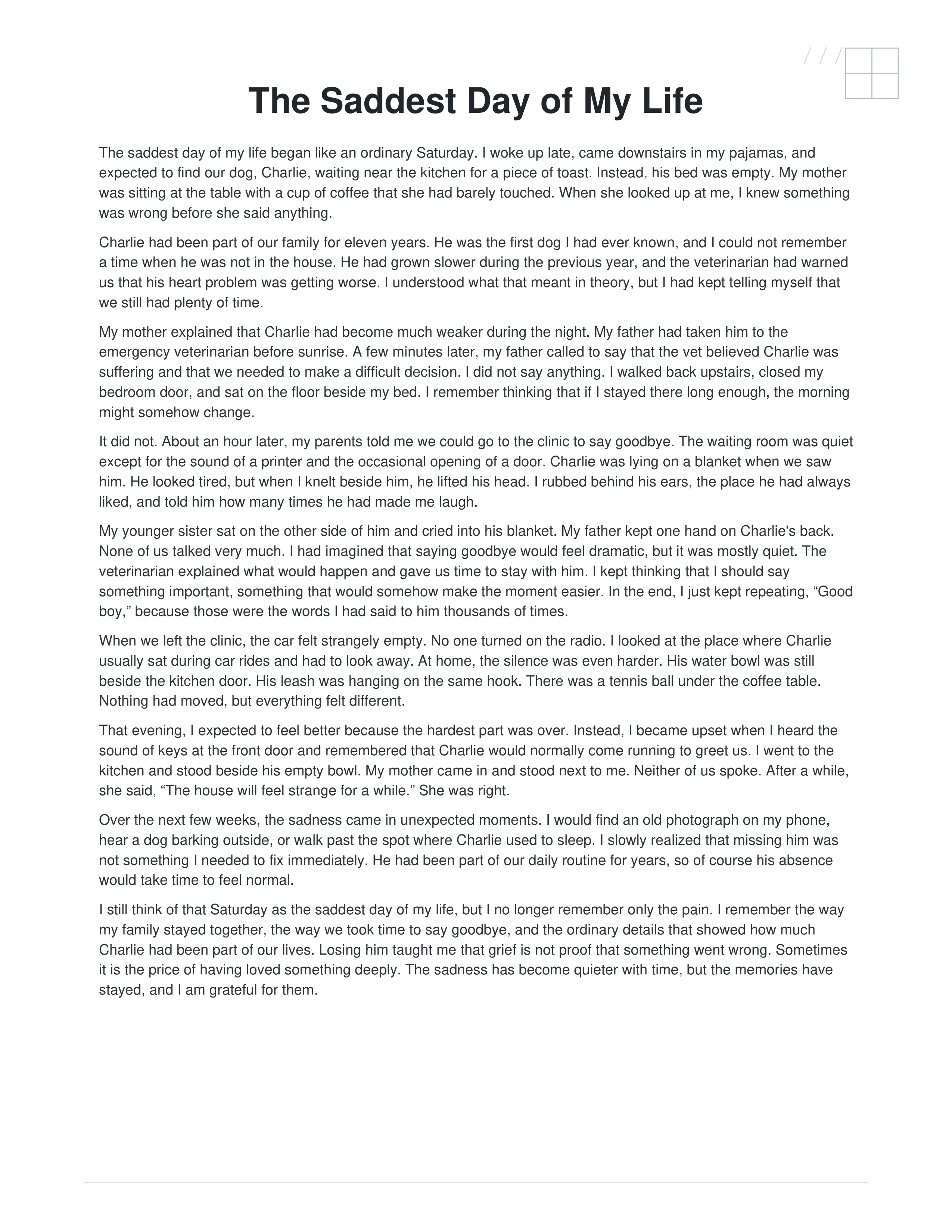 The Saddest Day of My Life Narrative Essay — page 1