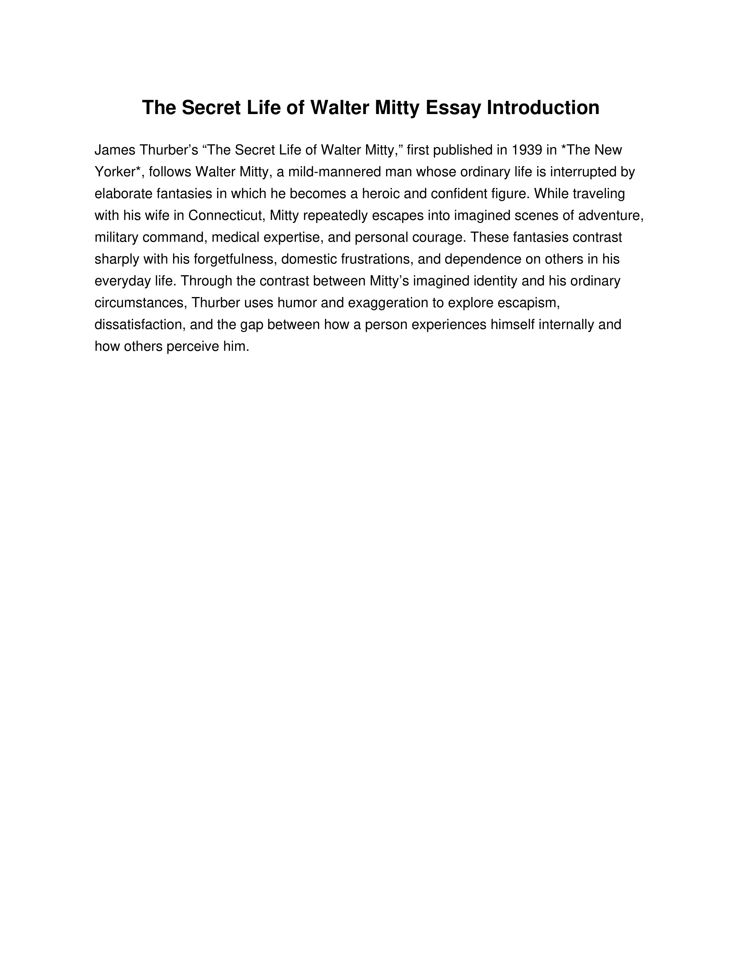 The Secret Life of Walter Mitty Essay Introduction — page 1