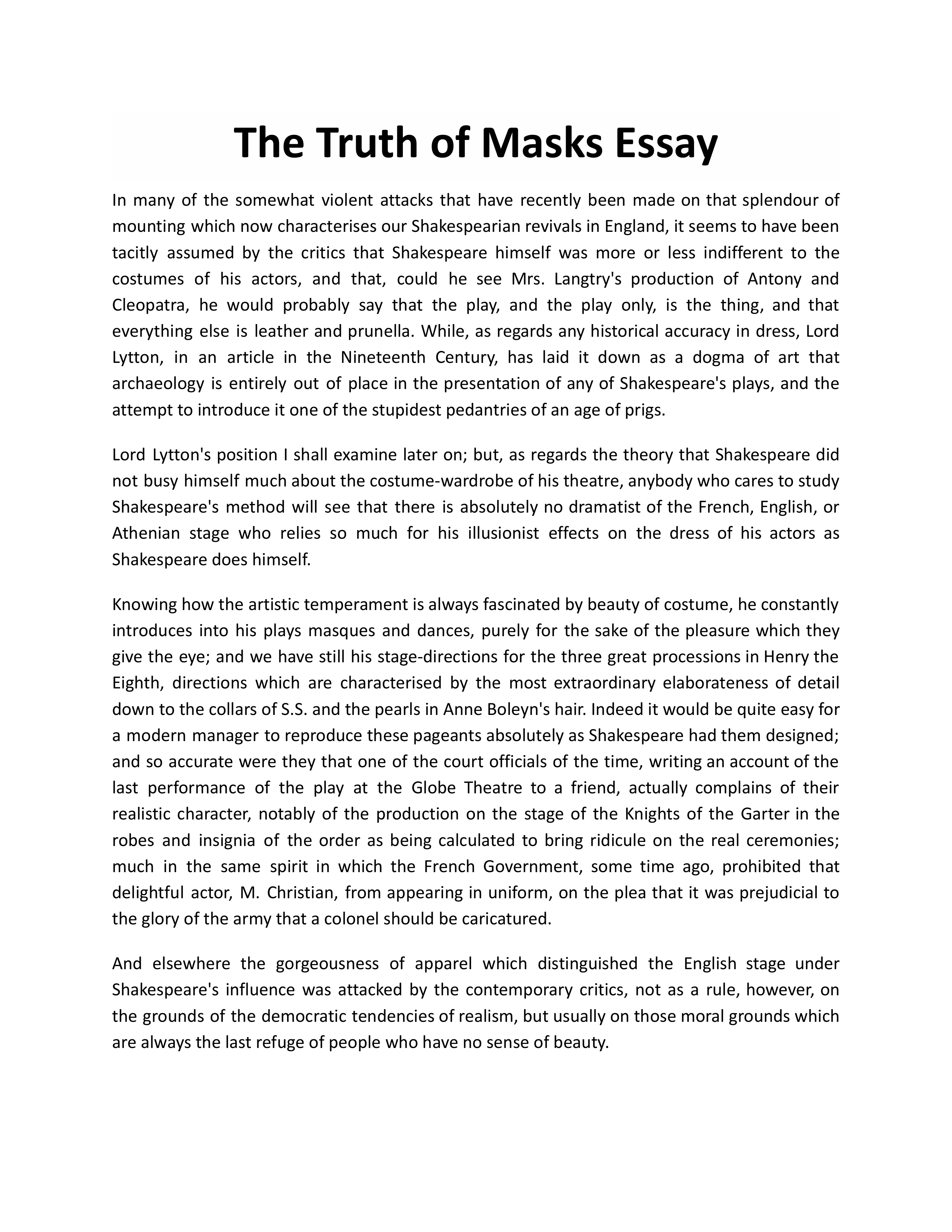 The Truth of Masks Essay — page 1