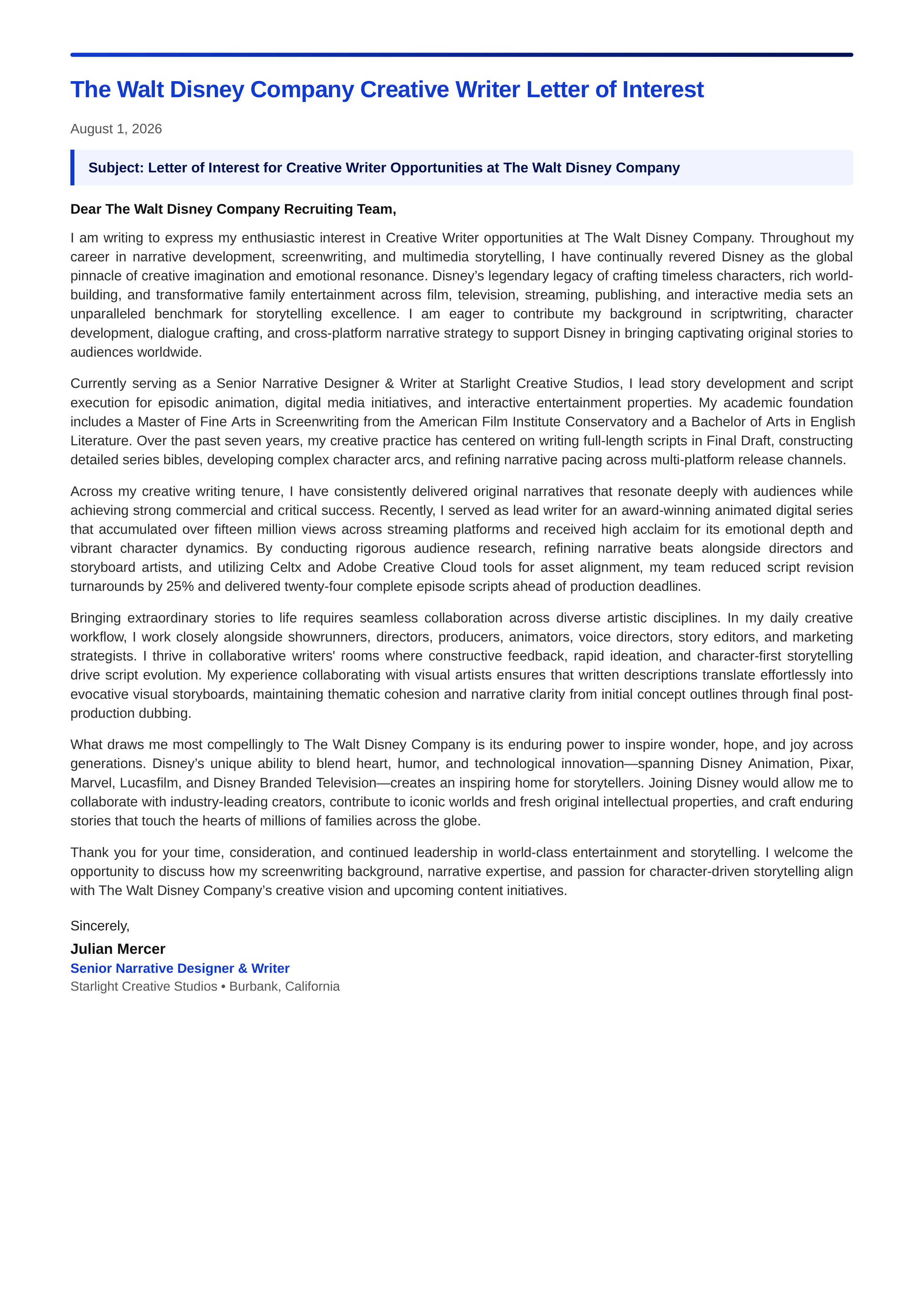 The Walt Disney Company Creative Writer Letter of Interest — page 1