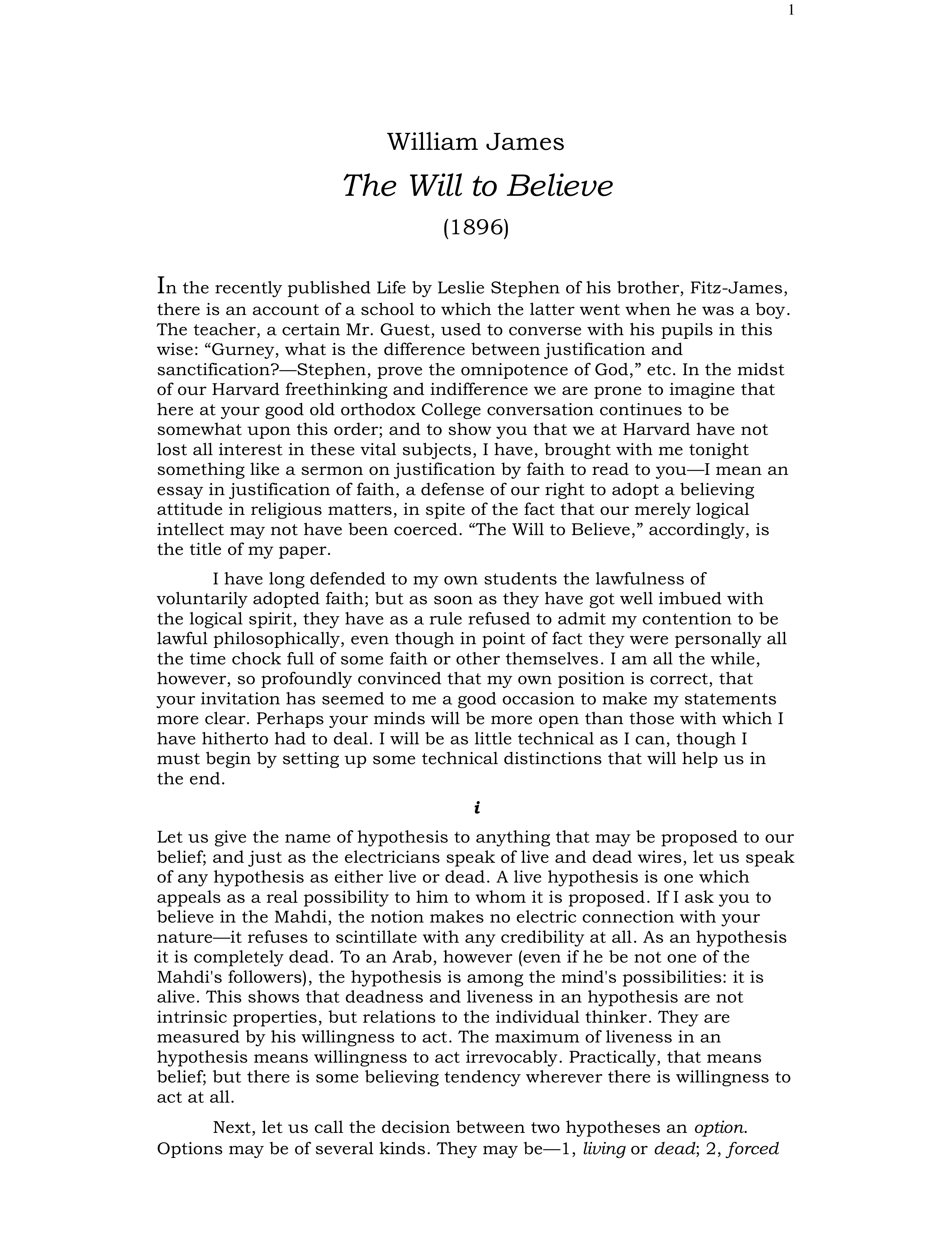 The Will to Believe Essay — page 1