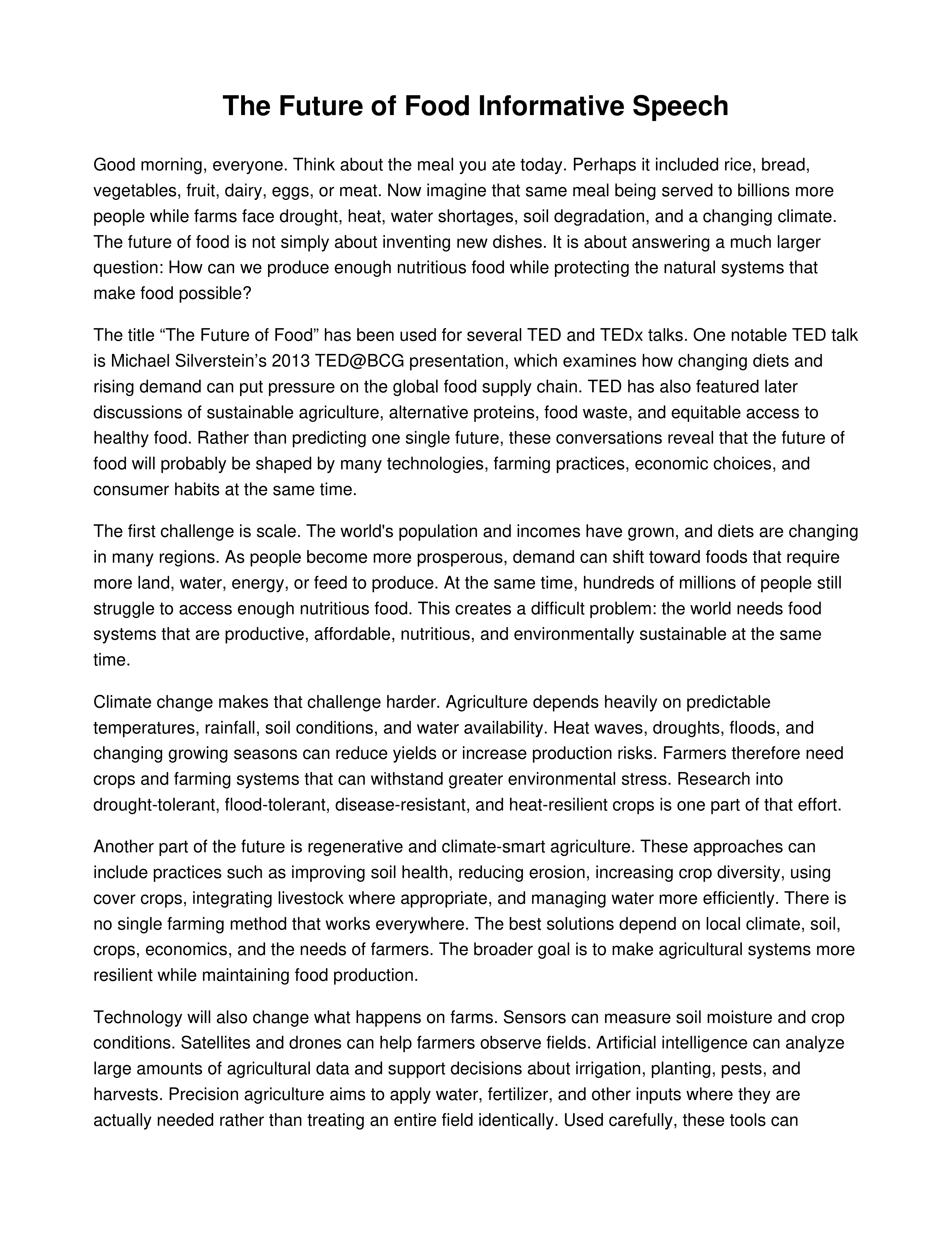 The Future of Food Informative Speech — page 1