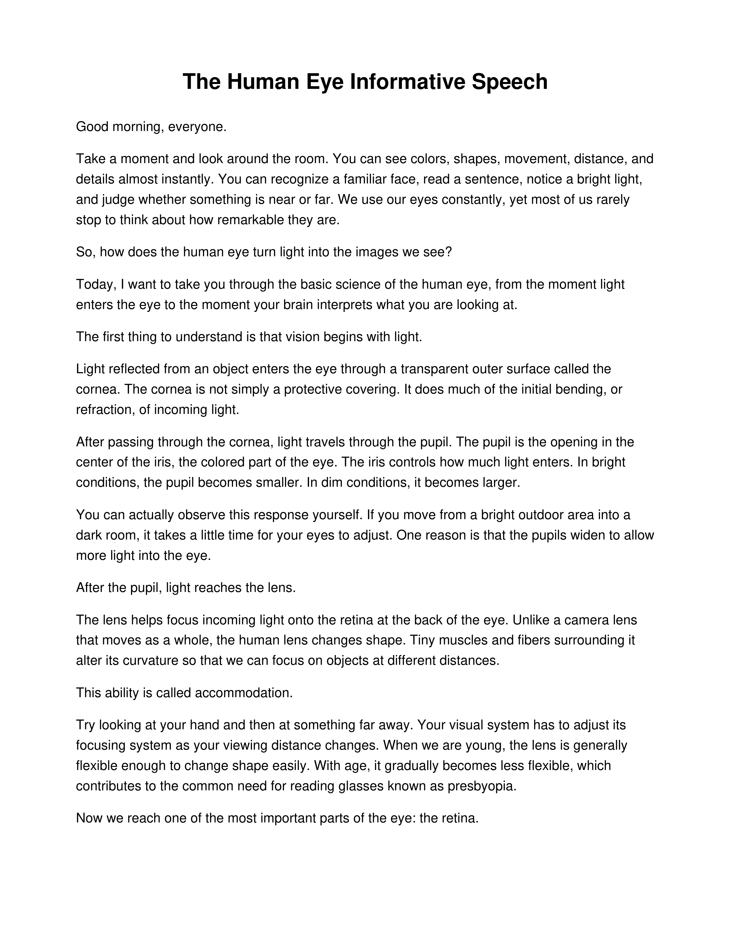 The Human Eye Informative Speech — page 1