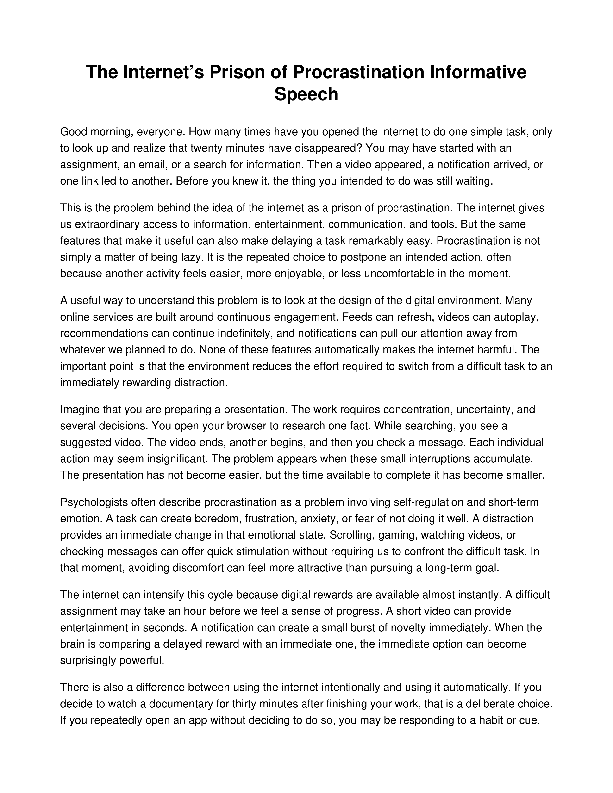 The Internet’s Prison of Procrastination Informative Speech — page 1