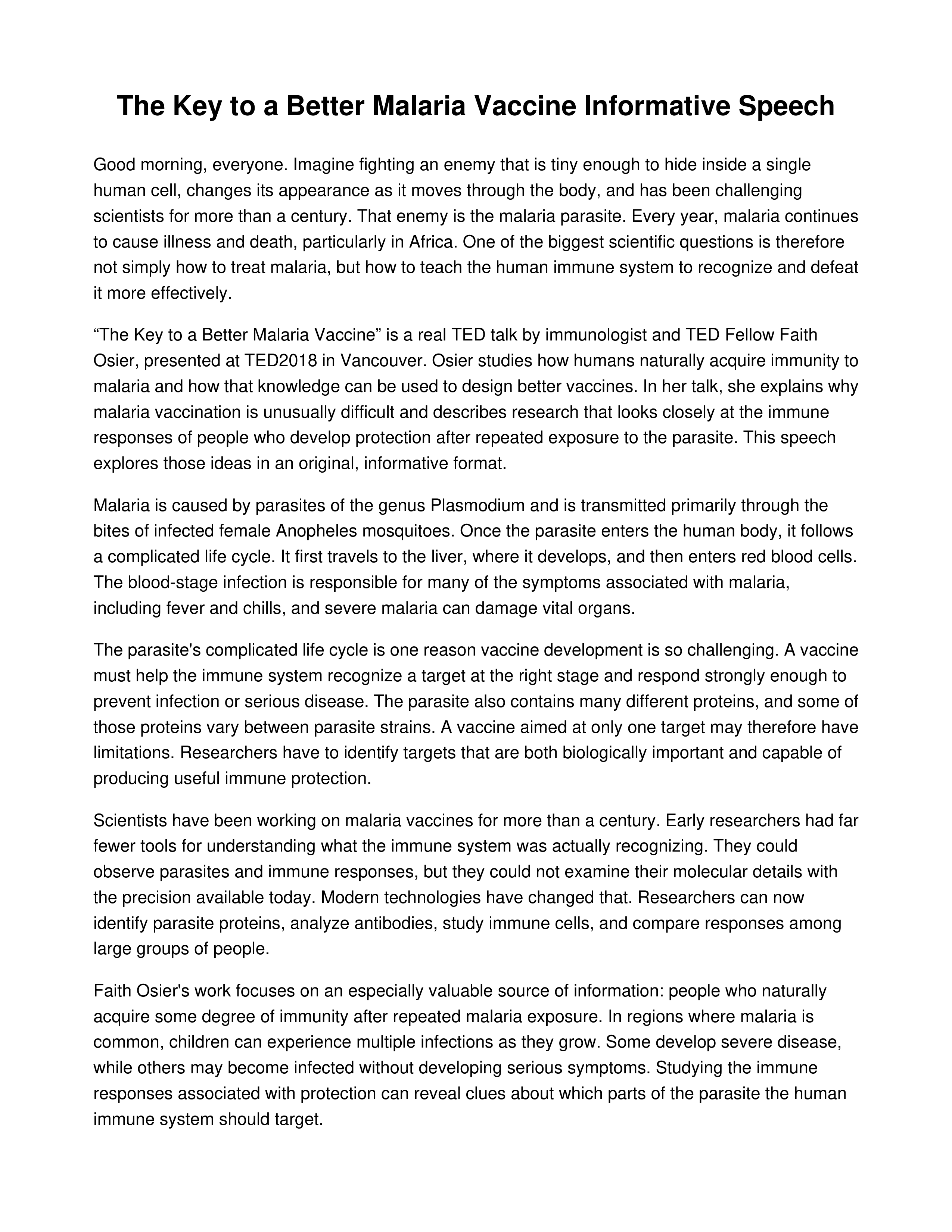 The Key to a Better Malaria Vaccine Informative Speech — page 1