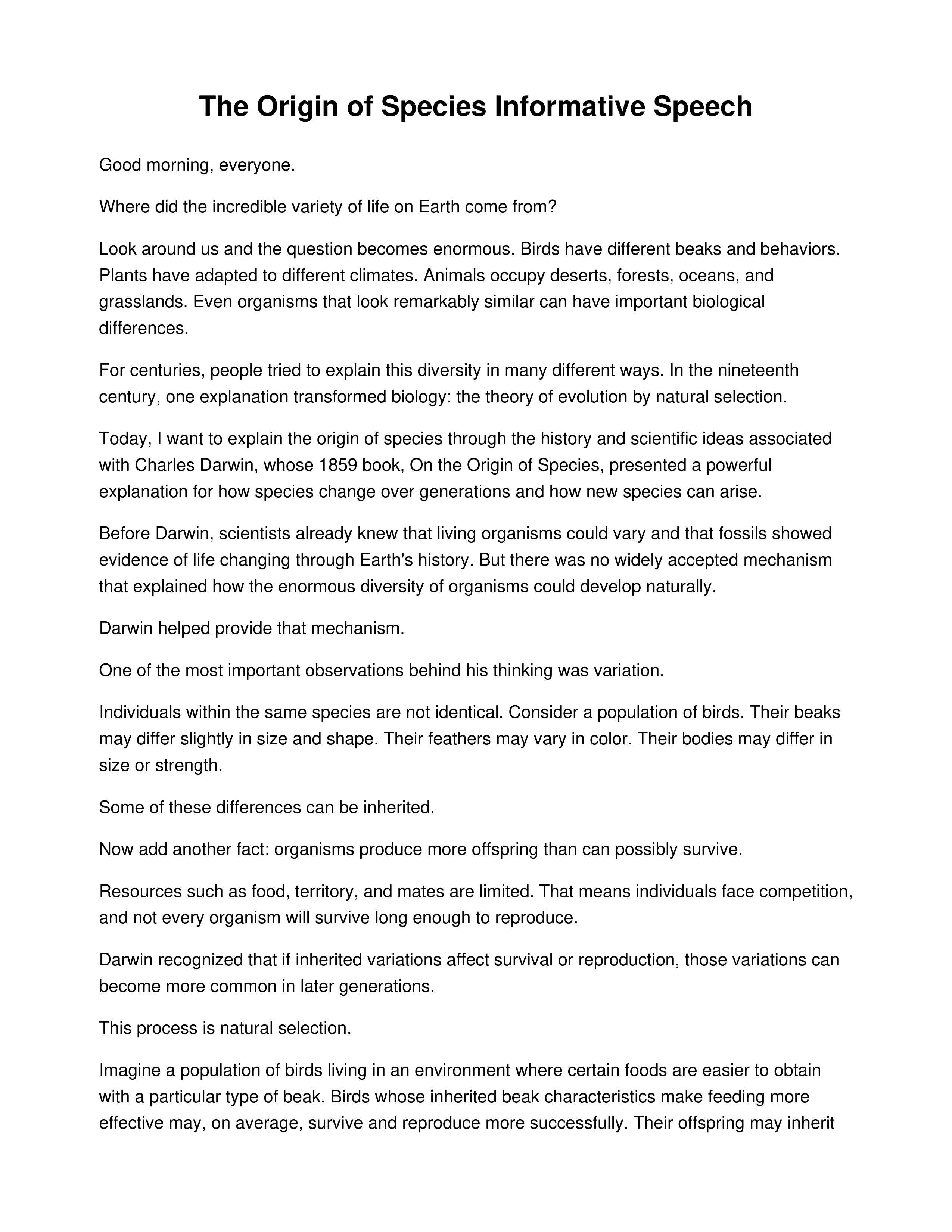 The Origin of Species Informative Speech — page 1