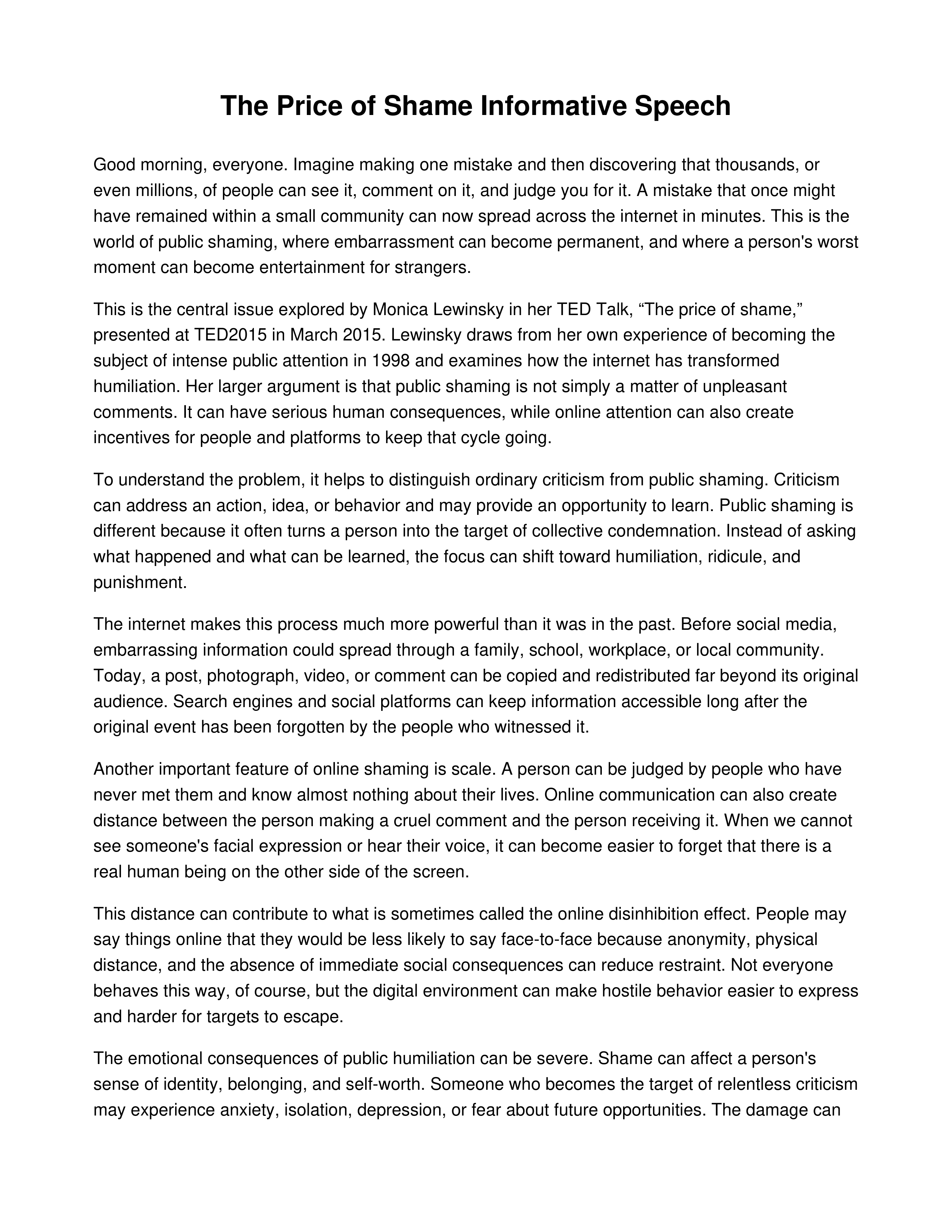 The Price of Shame Informative Speech — page 1