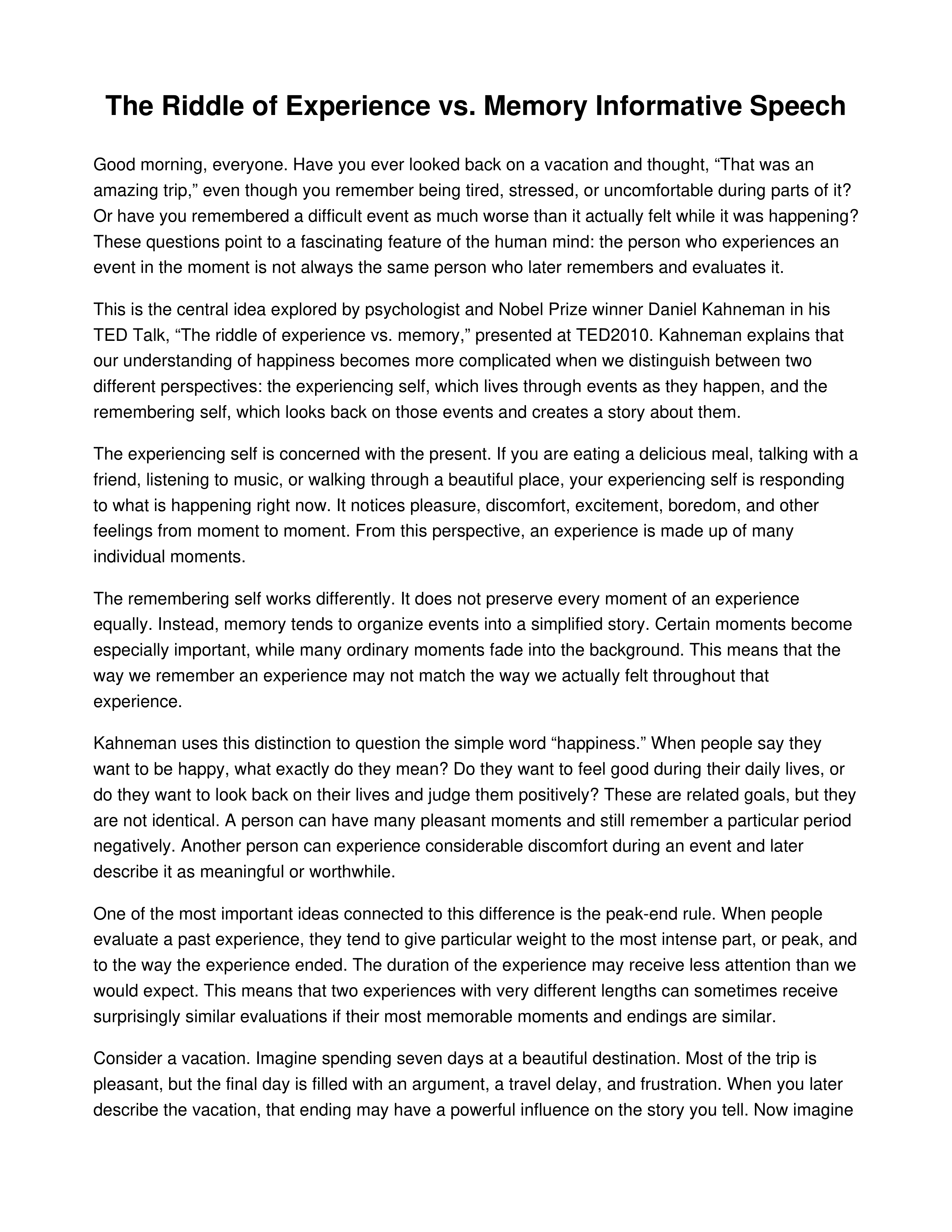 The Riddle of Experience vs. Memory Informative Speech — page 1