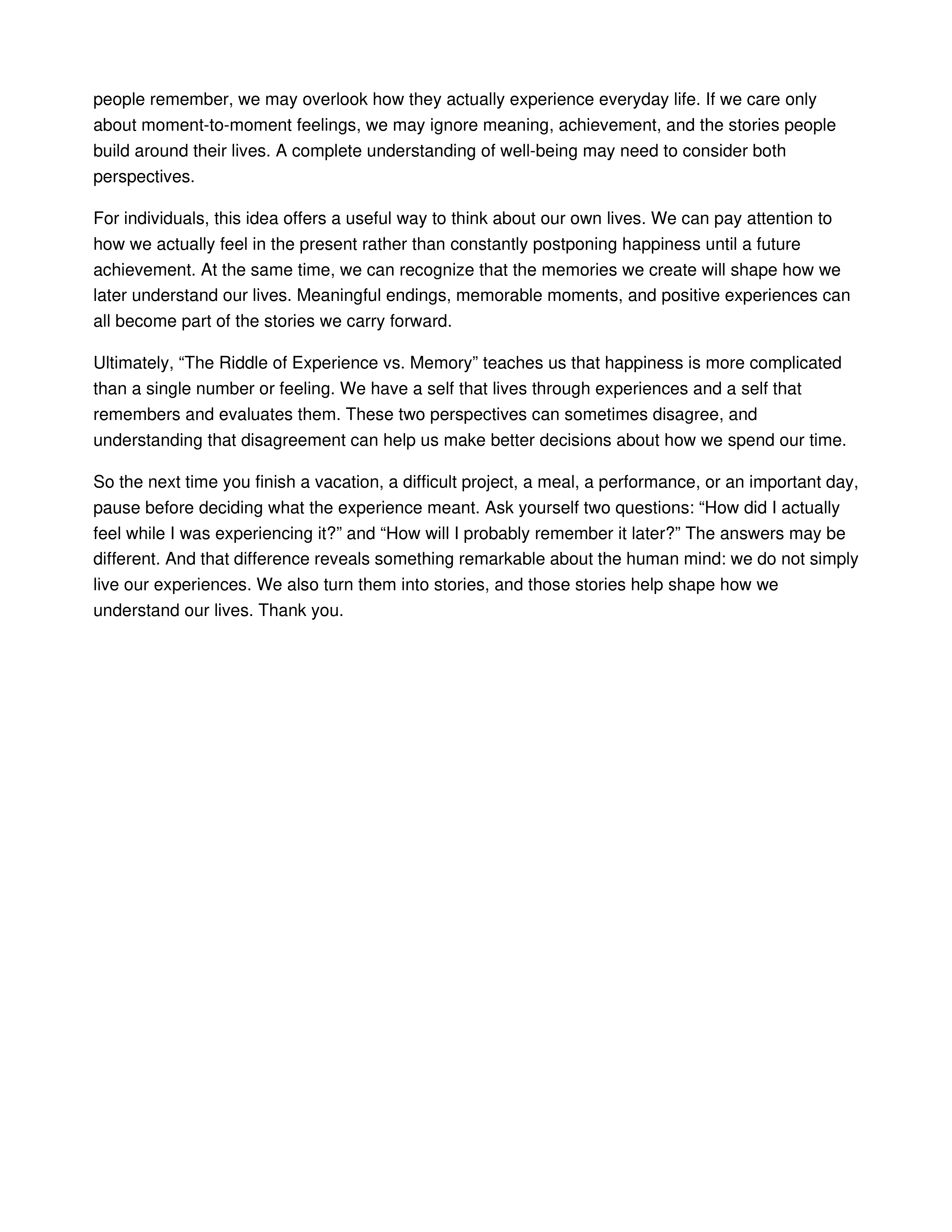 The Riddle of Experience vs. Memory Informative Speech — page 3