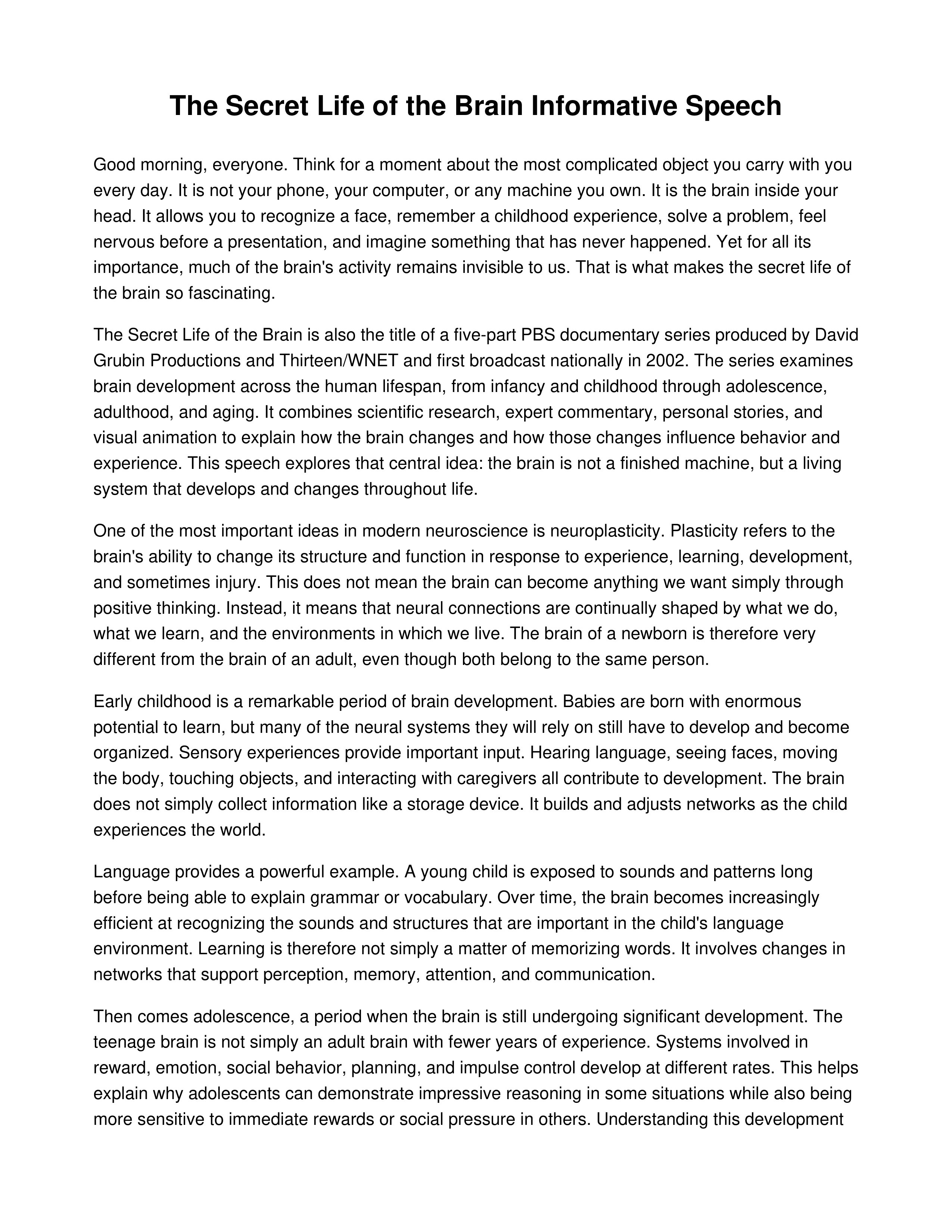 The Secret Life of the Brain Informative Speech — page 1