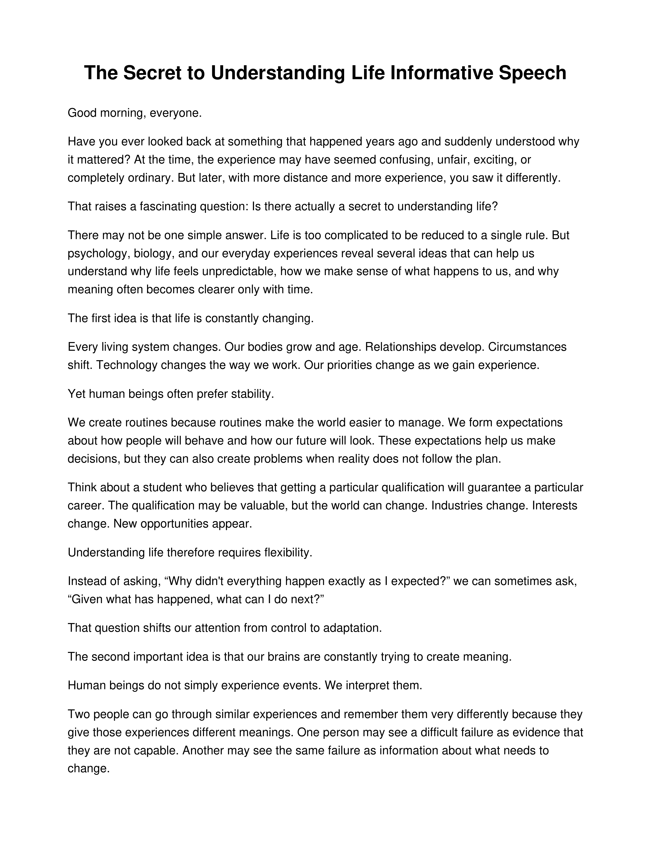 The Secret to Understanding Life Informative Speech — page 1