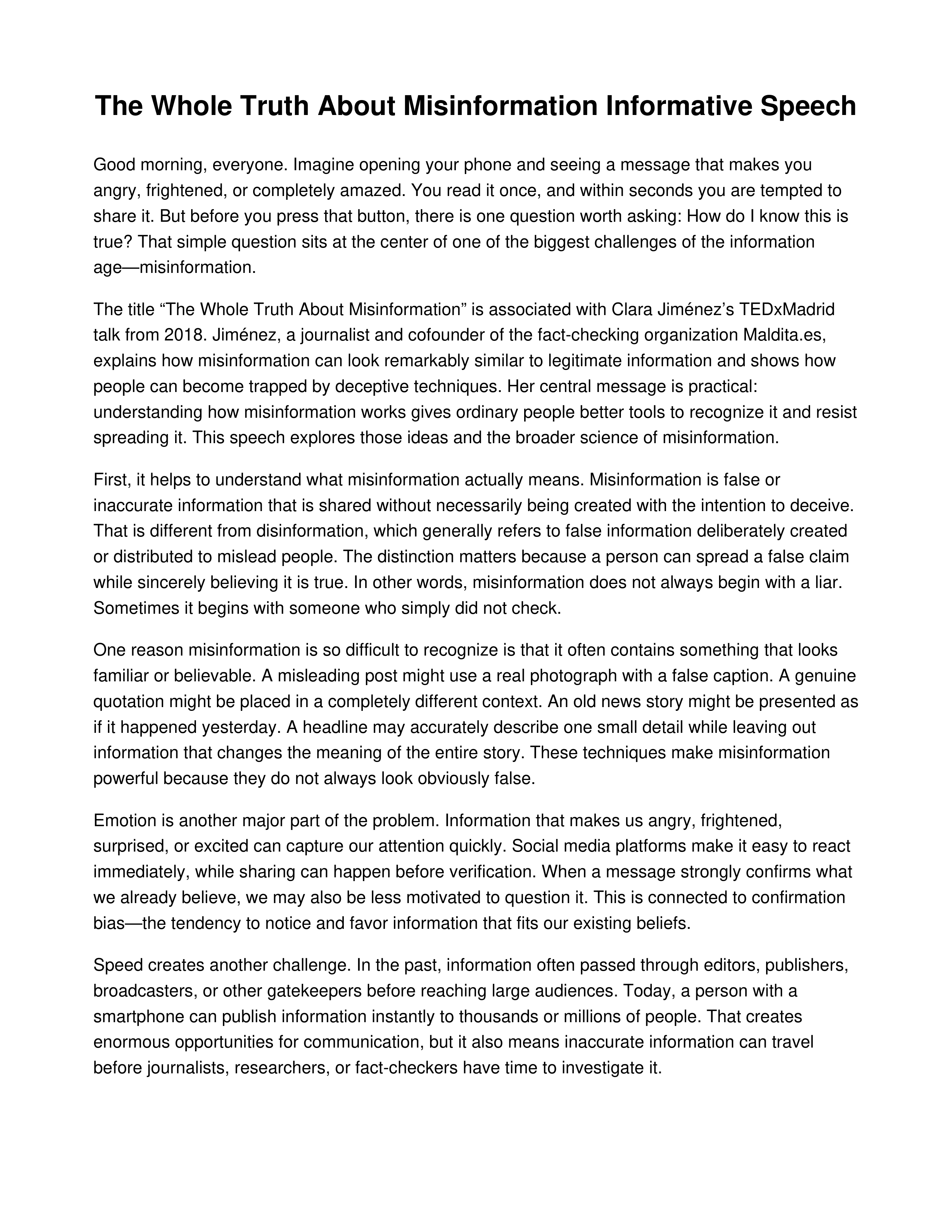 The Whole Truth About Misinformation Informative Speech — page 1