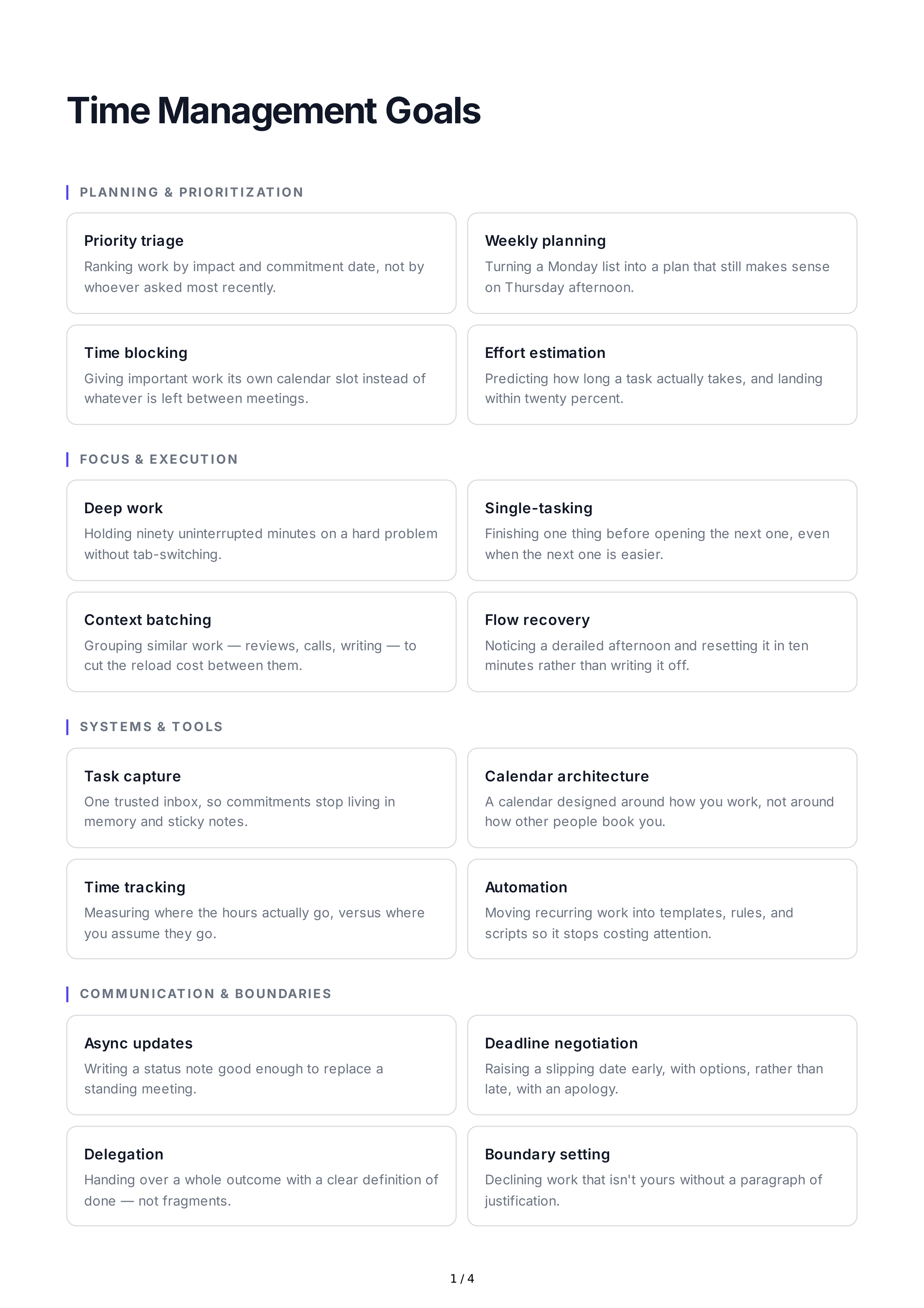 Time Management Professional Goals — page 1