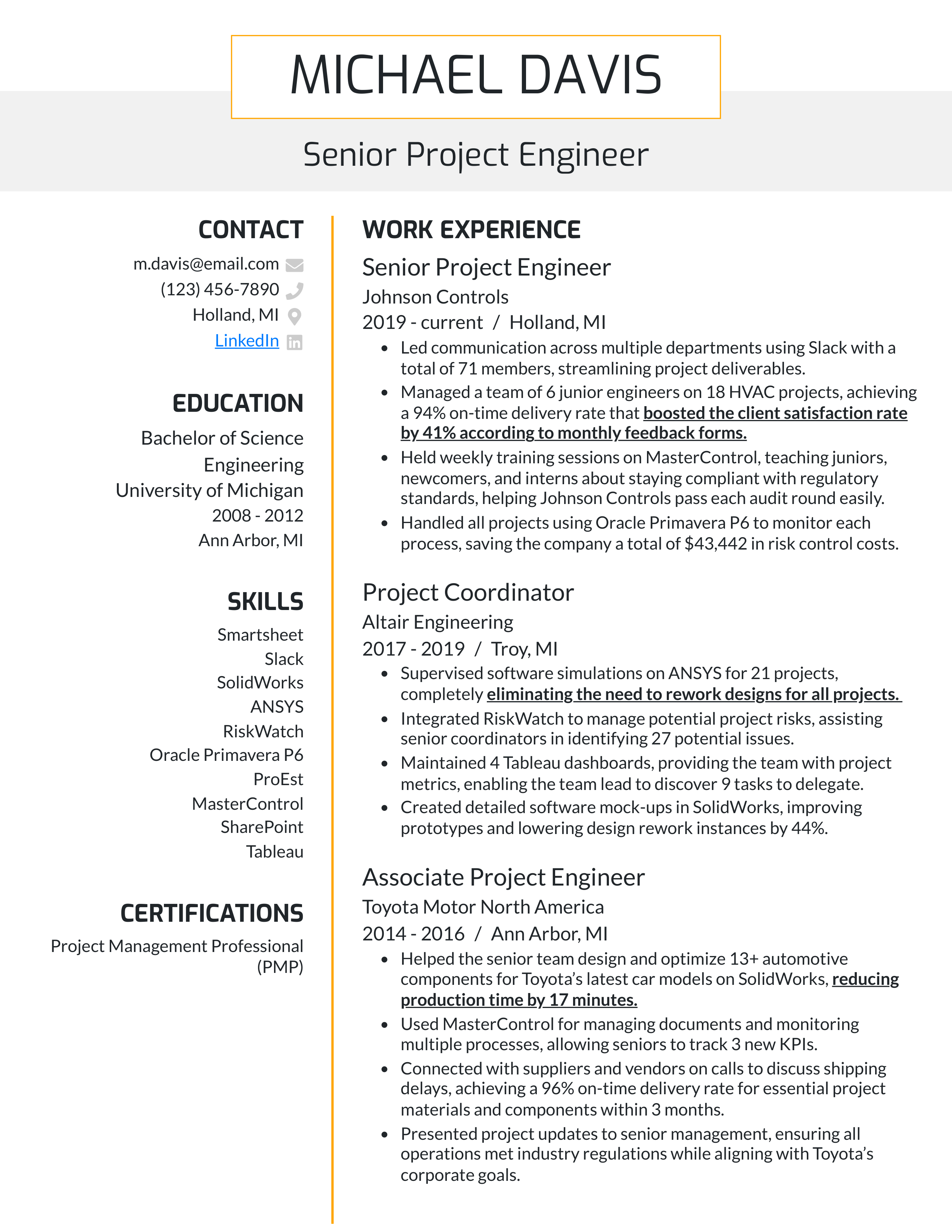 Toyota Project Engineer Resume — page 1