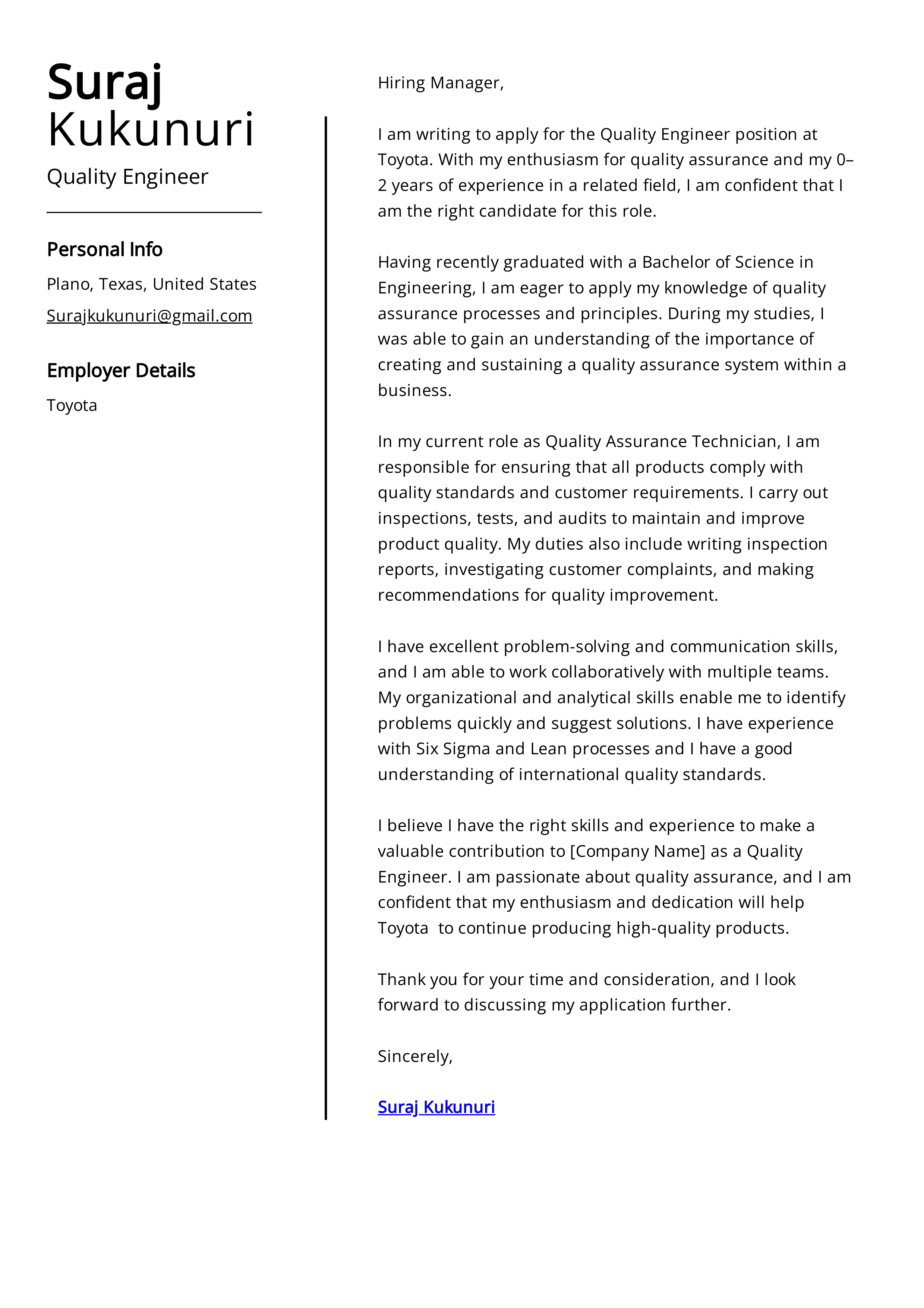 Toyota Quality Engineer Cover Letter — page 1
