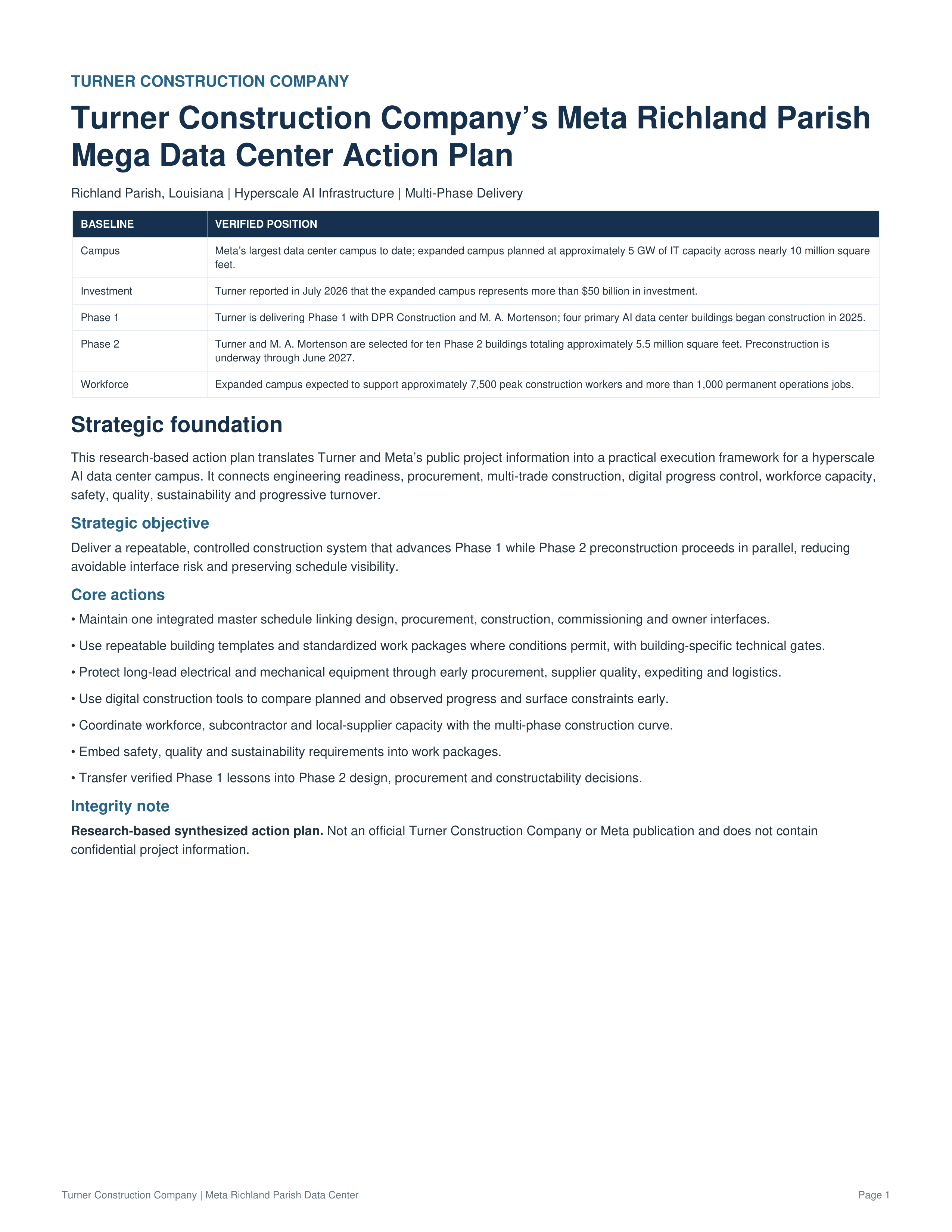 Turner Construction Company Meta Richland Parish Mega Data Center Action Plan — page 1