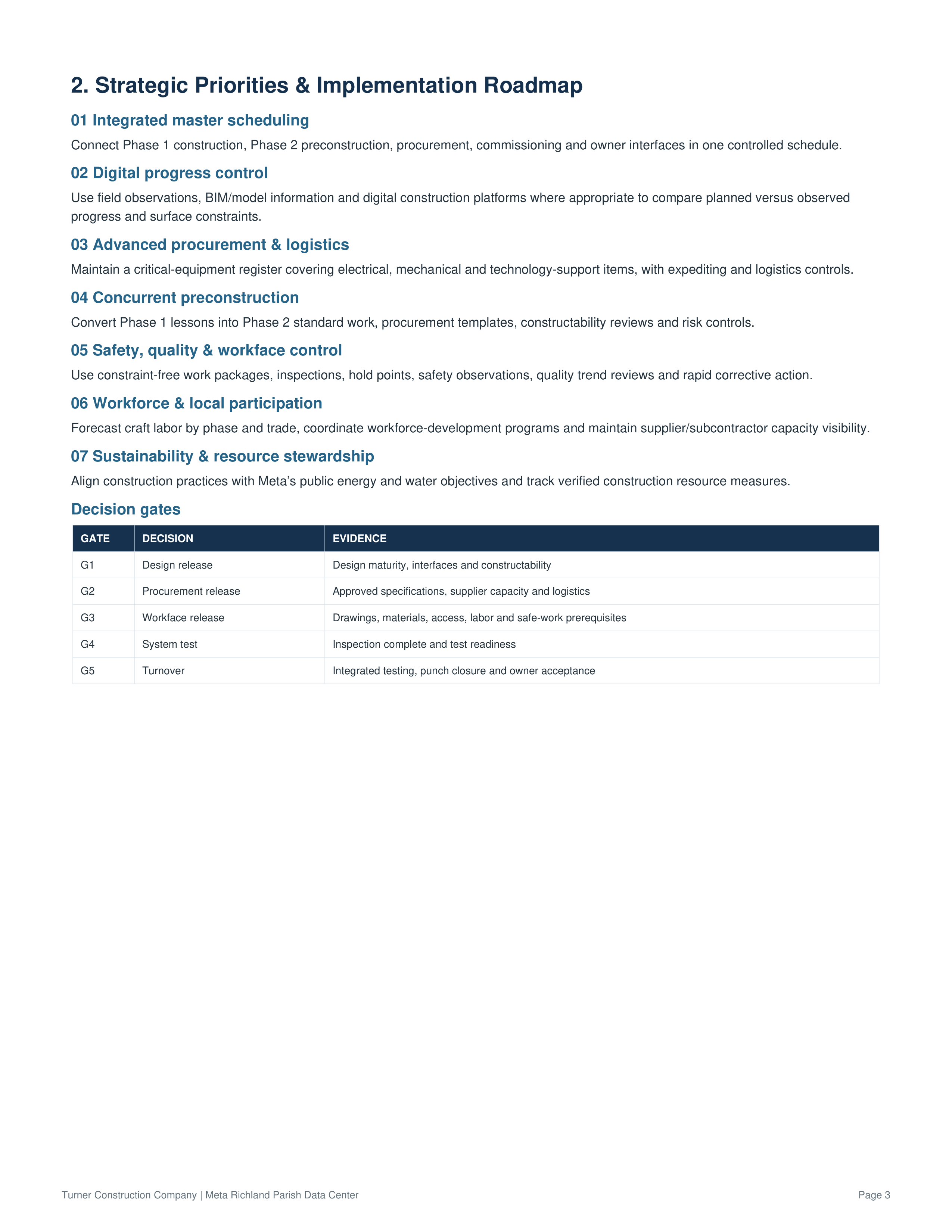 Turner Construction Company Meta Richland Parish Mega Data Center Action Plan — page 3
