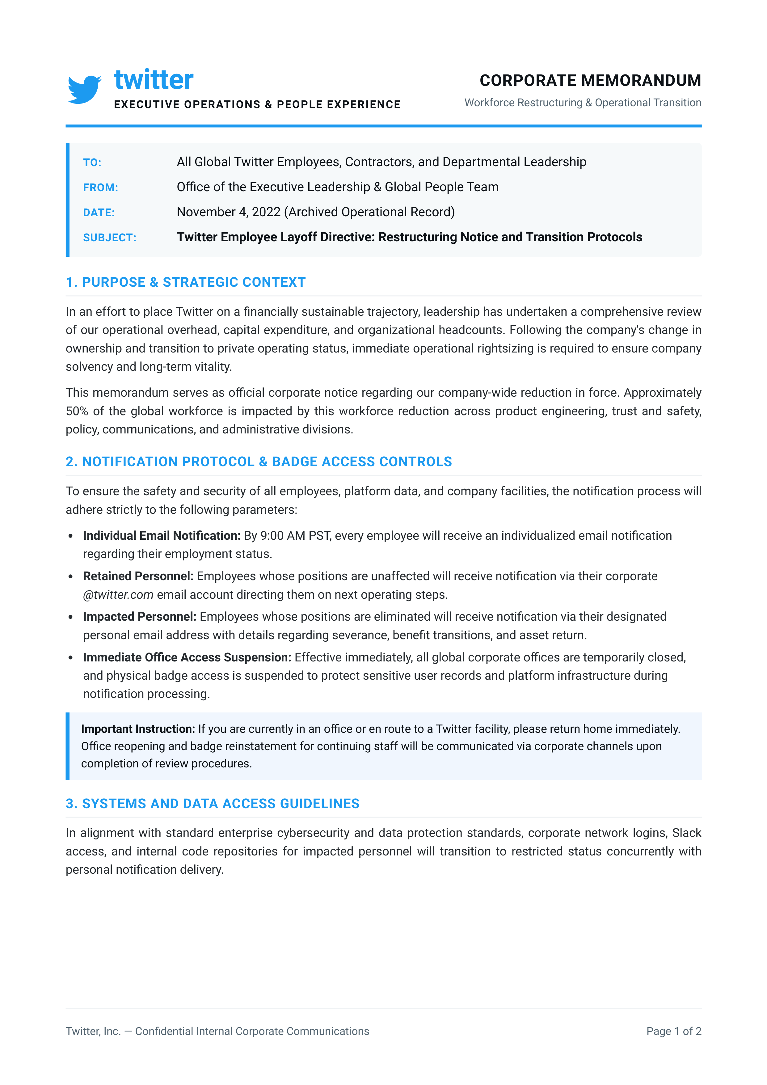 Twitter Employee Layoff Memo — page 1