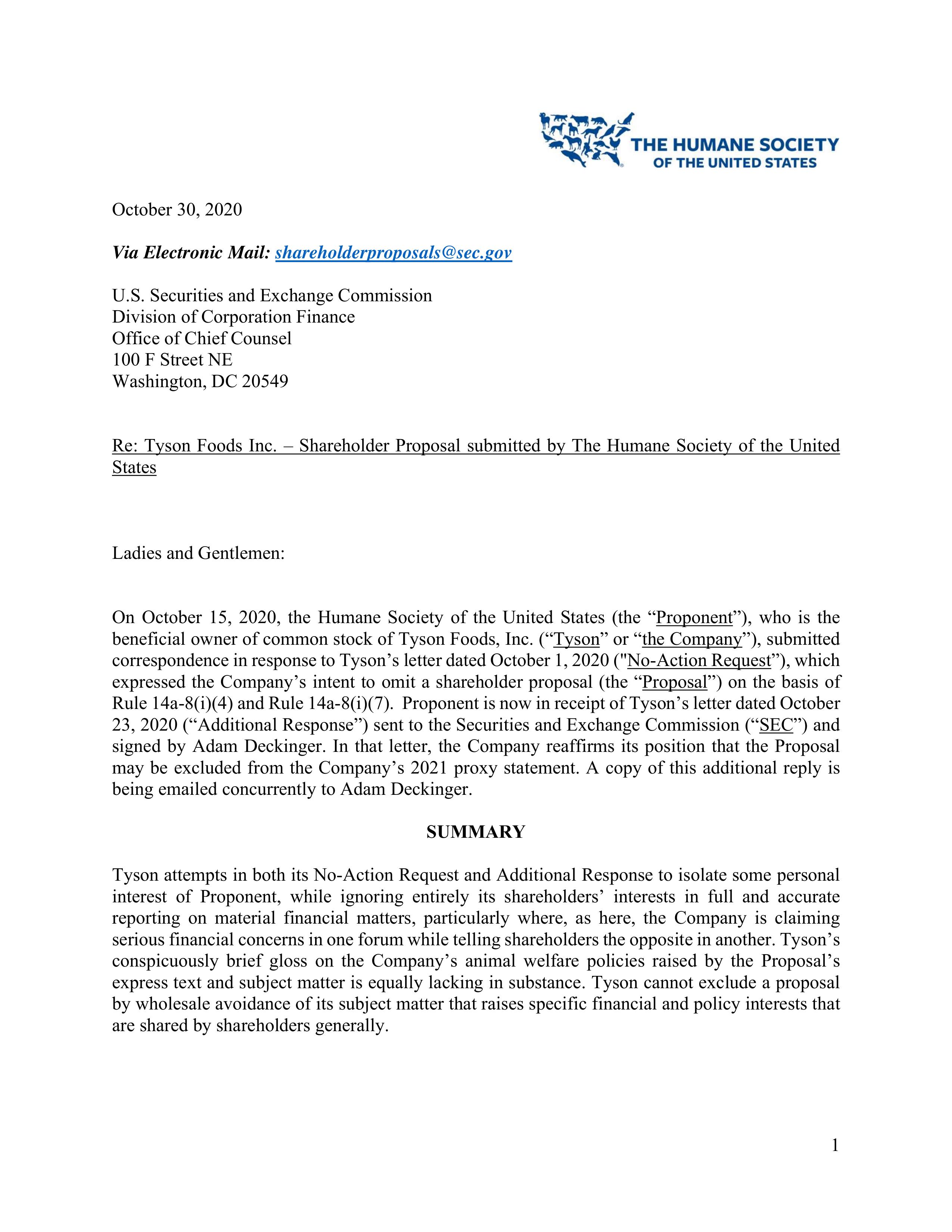 Tyson Foods Proposal  — page 1