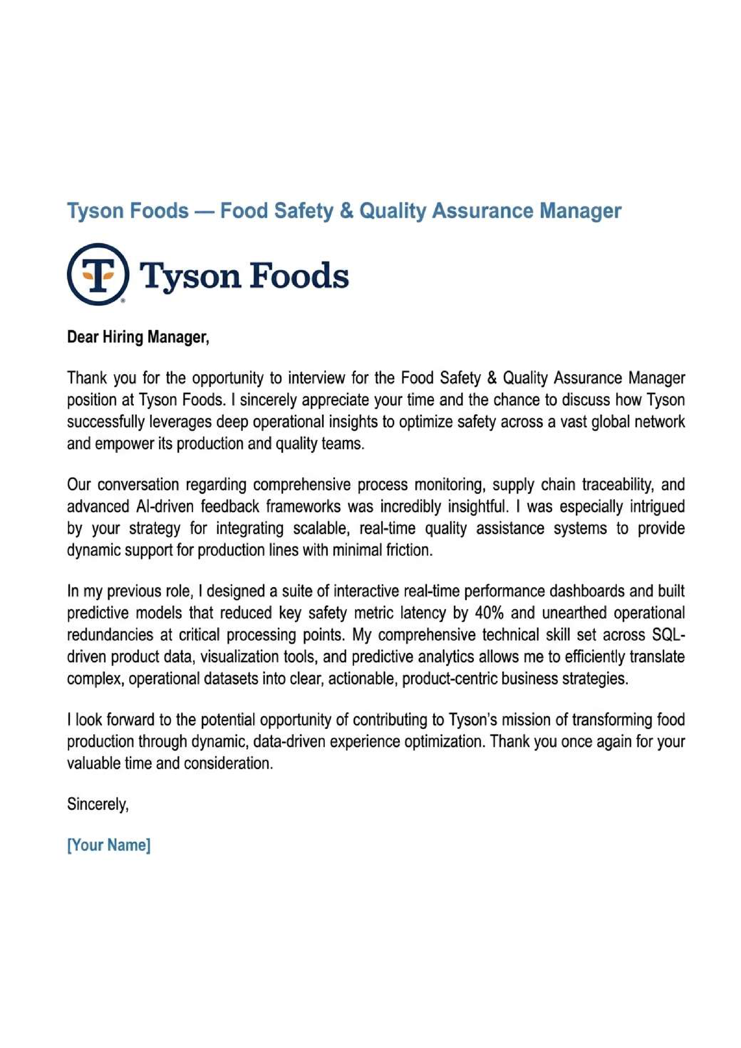 Tyson Foods Food Safety & Quality Assurance Manager — page 1
