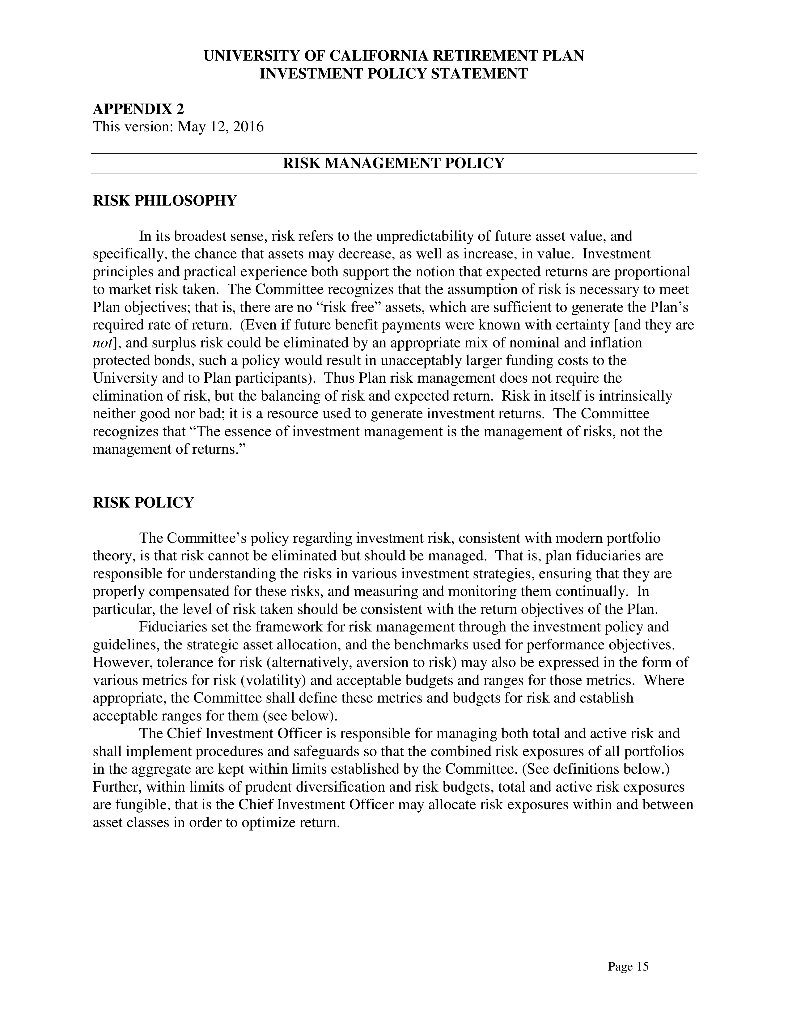 UC Retirement Plan Investment Statement — page 15